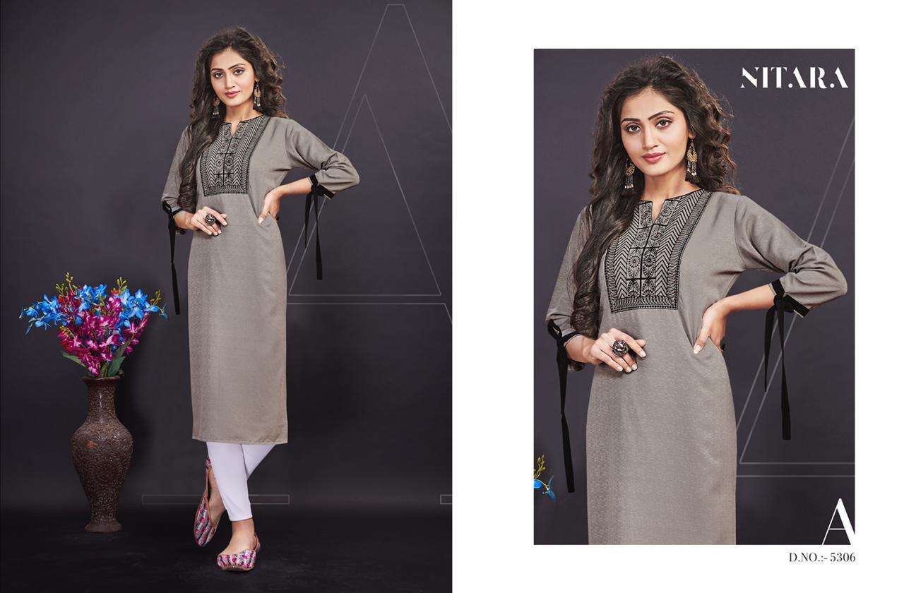 NORA BY NITARA 5301 TO 5306 SERIES BEAUTIFUL STYLISH FANCY COLORFUL CASUAL WEAR & ETHNIC WEAR & READY TO WEAR FANCY WITH HANDWORK KURTIS AT WHOLESALE PRICE