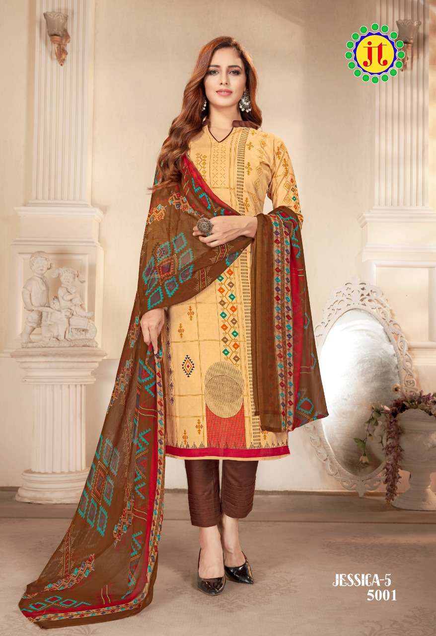 JESSICA VOL-5 BY JT 5001 TO 5010 SERIES BEAUTIFUL SUITS STYLISH FANCY COLORFUL CASUAL WEAR & ETHNIC WEAR COTTON PRINTED DRESSES AT WHOLESALE PRICE