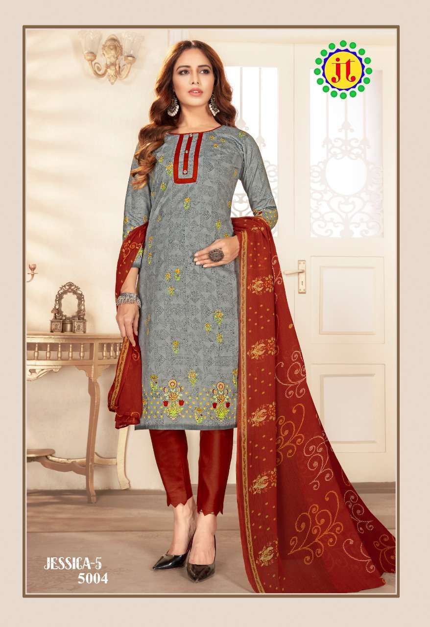 JESSICA VOL-5 BY JT 5001 TO 5010 SERIES BEAUTIFUL SUITS STYLISH FANCY COLORFUL CASUAL WEAR & ETHNIC WEAR COTTON PRINTED DRESSES AT WHOLESALE PRICE