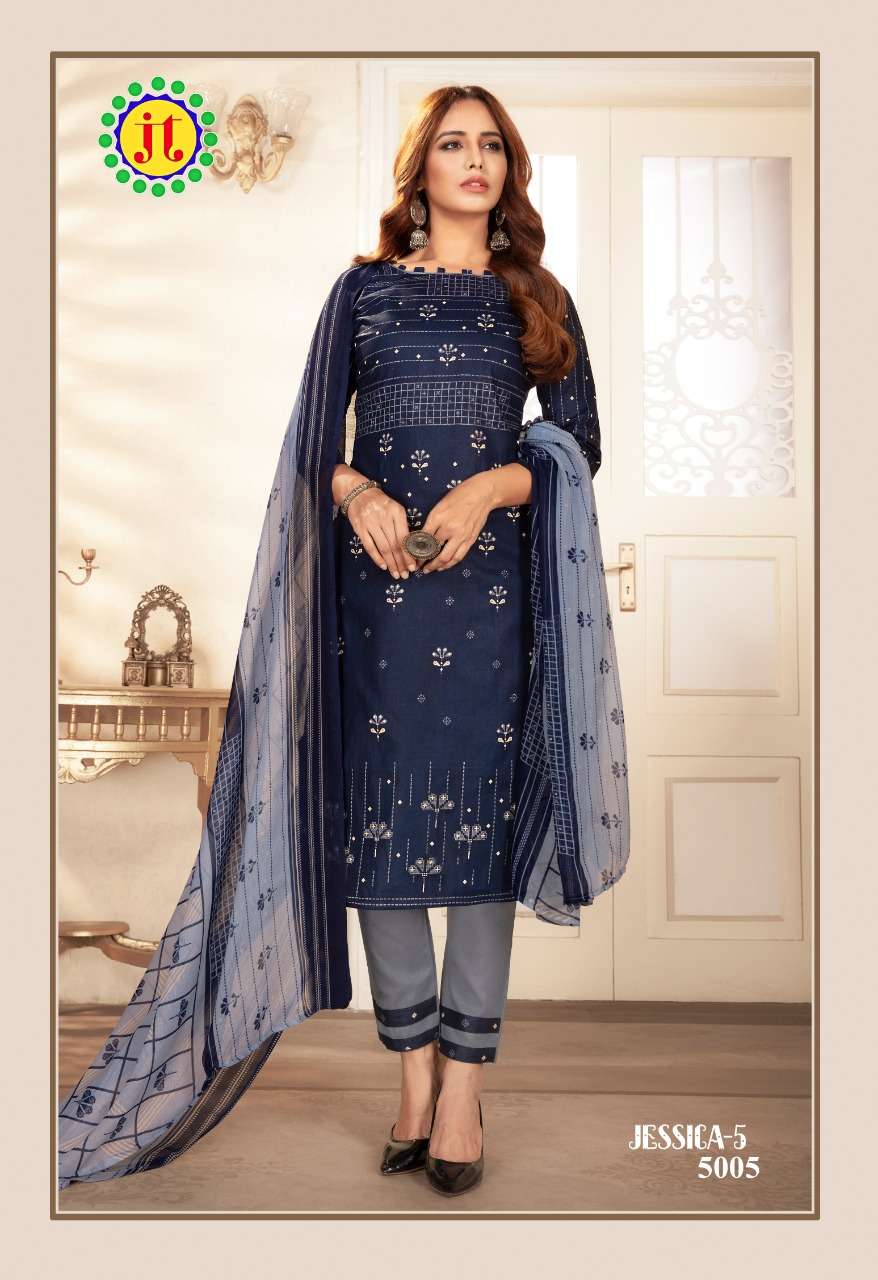 JESSICA VOL-5 BY JT 5001 TO 5010 SERIES BEAUTIFUL SUITS STYLISH FANCY COLORFUL CASUAL WEAR & ETHNIC WEAR COTTON PRINTED DRESSES AT WHOLESALE PRICE