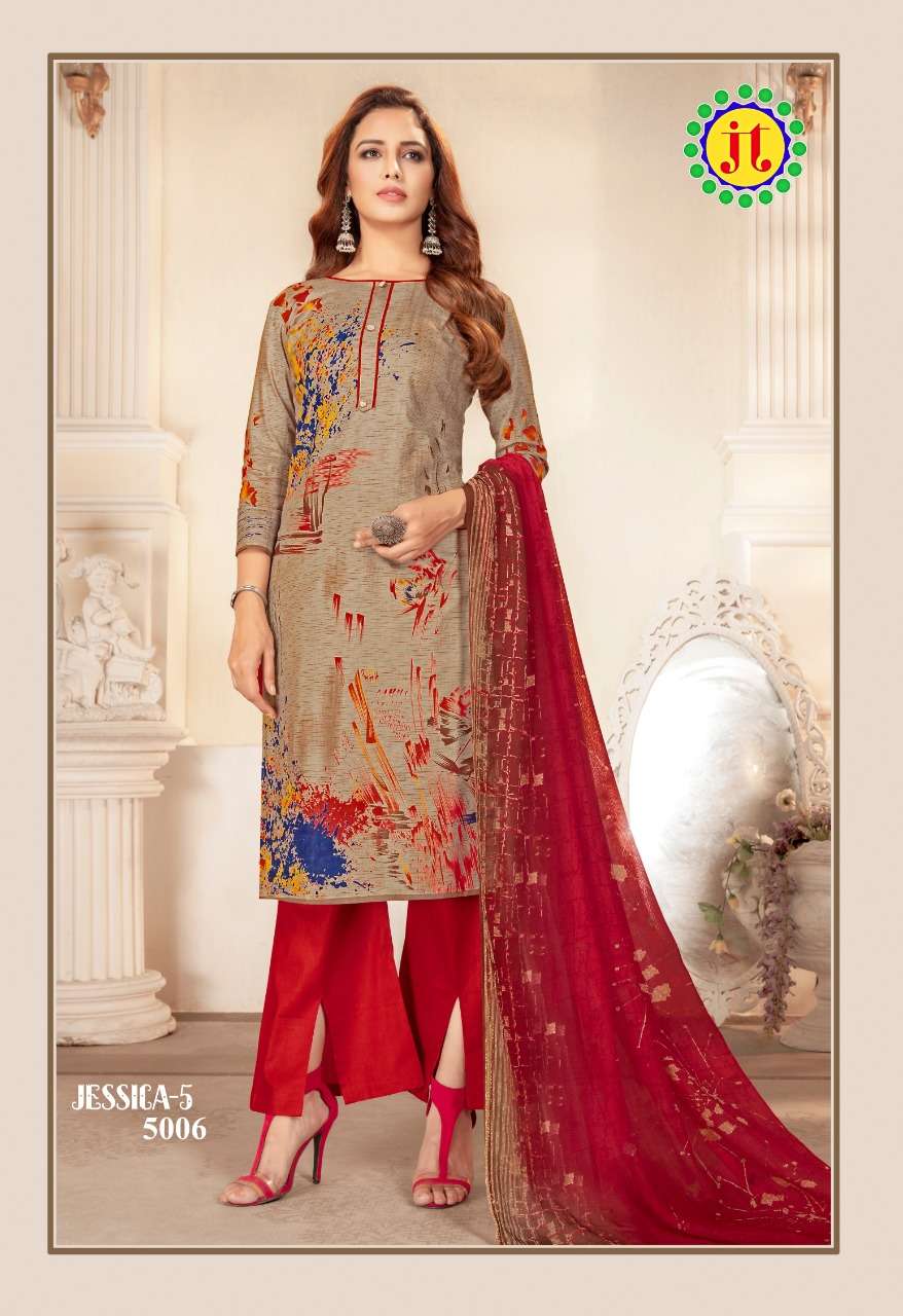 JESSICA VOL-5 BY JT 5001 TO 5010 SERIES BEAUTIFUL SUITS STYLISH FANCY COLORFUL CASUAL WEAR & ETHNIC WEAR COTTON PRINTED DRESSES AT WHOLESALE PRICE
