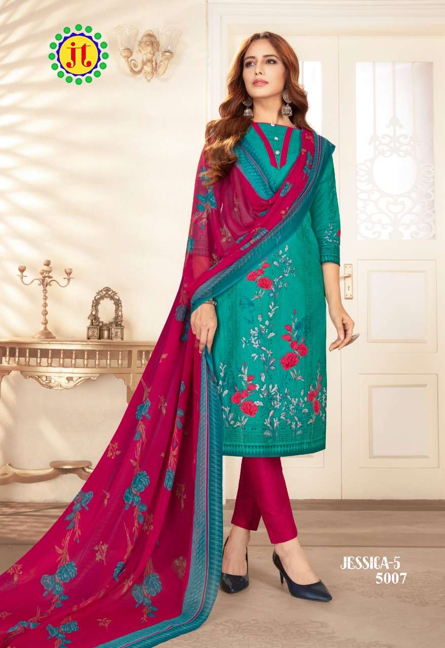 JESSICA VOL-5 BY JT 5001 TO 5010 SERIES BEAUTIFUL SUITS STYLISH FANCY COLORFUL CASUAL WEAR & ETHNIC WEAR COTTON PRINTED DRESSES AT WHOLESALE PRICE