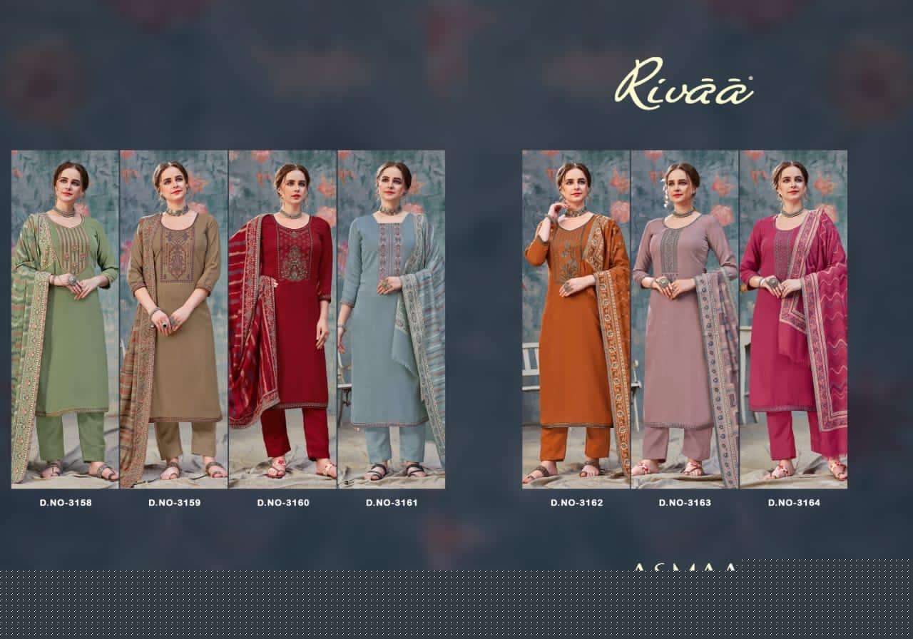 ASMAA BY RIVAA 3158 TO 3164 SERIES BEAUTIFUL STYLISH PAKISATNI SUITS FANCY COLORFUL CASUAL WEAR & ETHNIC WEAR & READY TO WEAR HEAVY PASHMINA EMBROIDERED DRESSES AT WHOLESALE PRICE