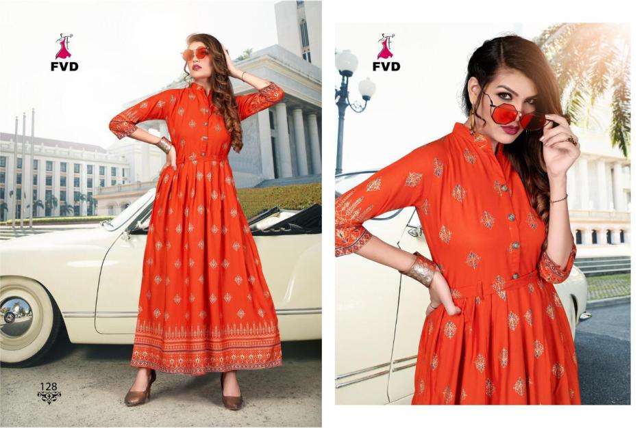RANG VOL-2 BY FVD 125 TO 132 SERIES DESIGNER COLLECTION BEAUTIFUL STYLISH FANCY COLORFUL PARTY WEAR & OCCASIONAL WEAR RAYON PRINT GOWNS AT WHOLESALE PRICE