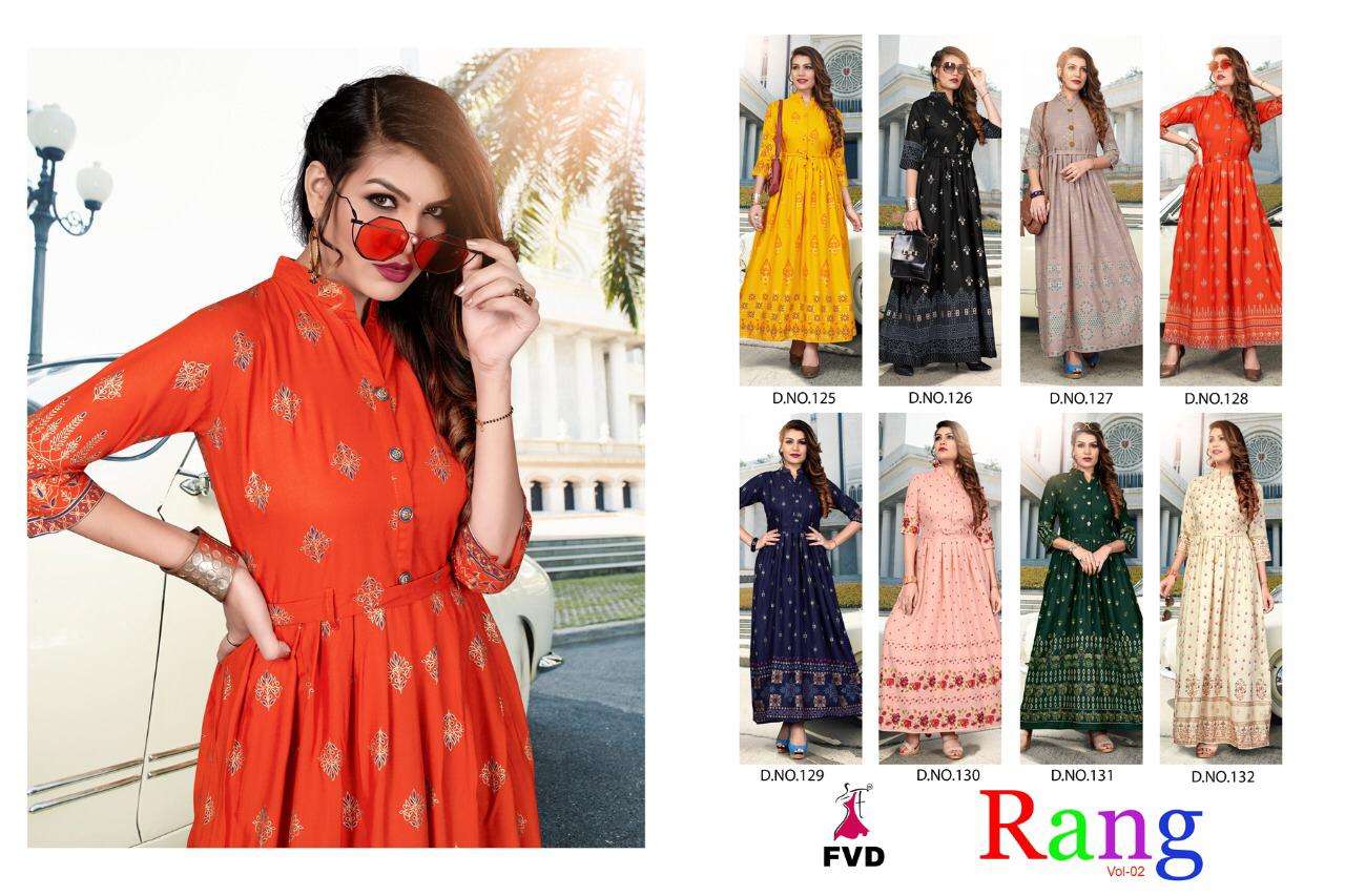 RANG VOL-2 BY FVD 125 TO 132 SERIES DESIGNER COLLECTION BEAUTIFUL STYLISH FANCY COLORFUL PARTY WEAR & OCCASIONAL WEAR RAYON PRINT GOWNS AT WHOLESALE PRICE