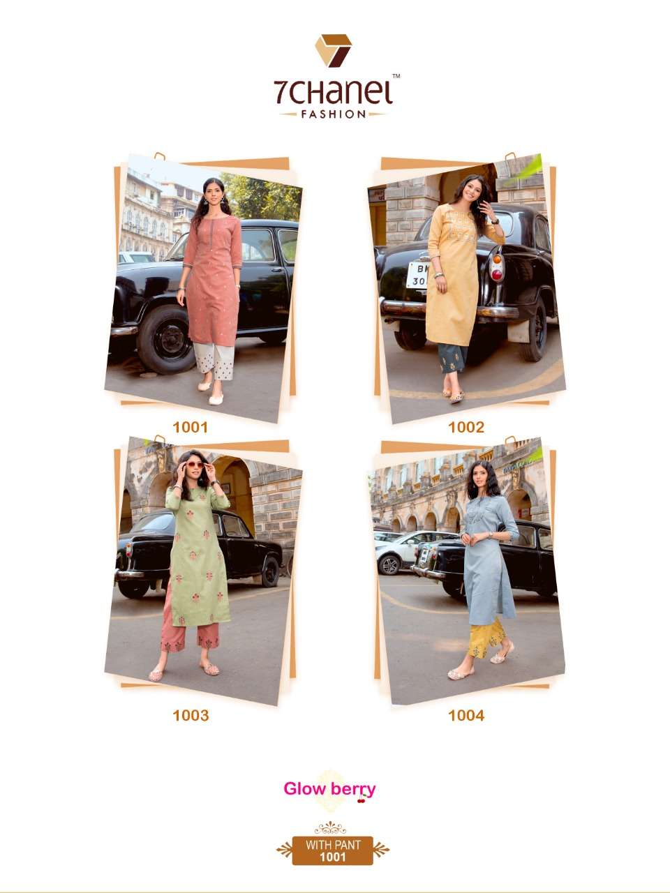 GLOW BERRY BY 7 CHANEL 1001 TO 1004 SERIES STYLISH FANCY BEAUTIFUL COLORFUL CASUAL WEAR & ETHNIC WEAR PURE COTTON PRINTED KURTIS WITH BOTTOM AT WHOLESALE PRICE