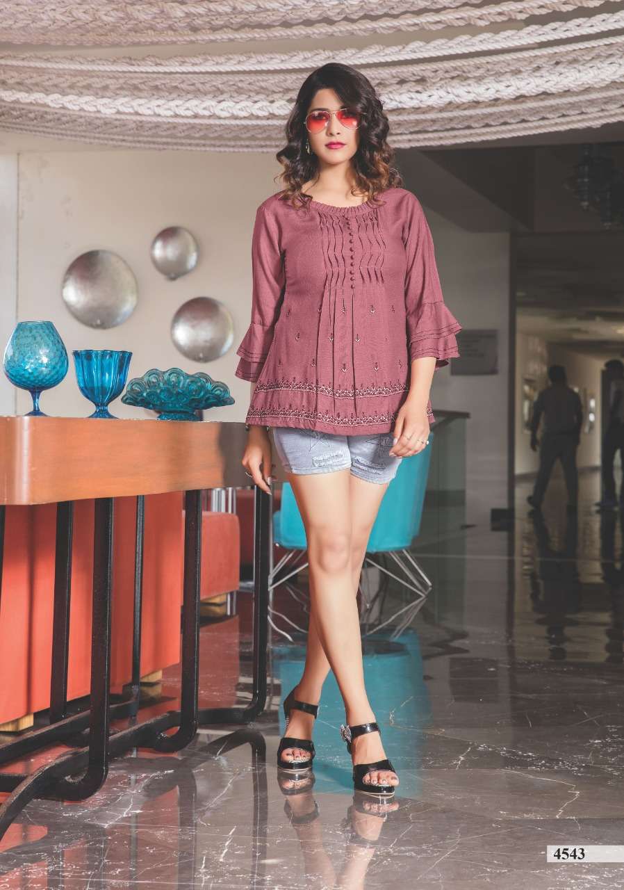 TOPSY VOL-12 BY YAMI FASHION 4541 TO 4549 SERIES BEAUTIFUL STYLISH FANCY COLORFUL CASUAL WEAR & ETHNIC WEAR HEAVY RAYON EMBROIDERED TOPS AT WHOLESALE PRICE