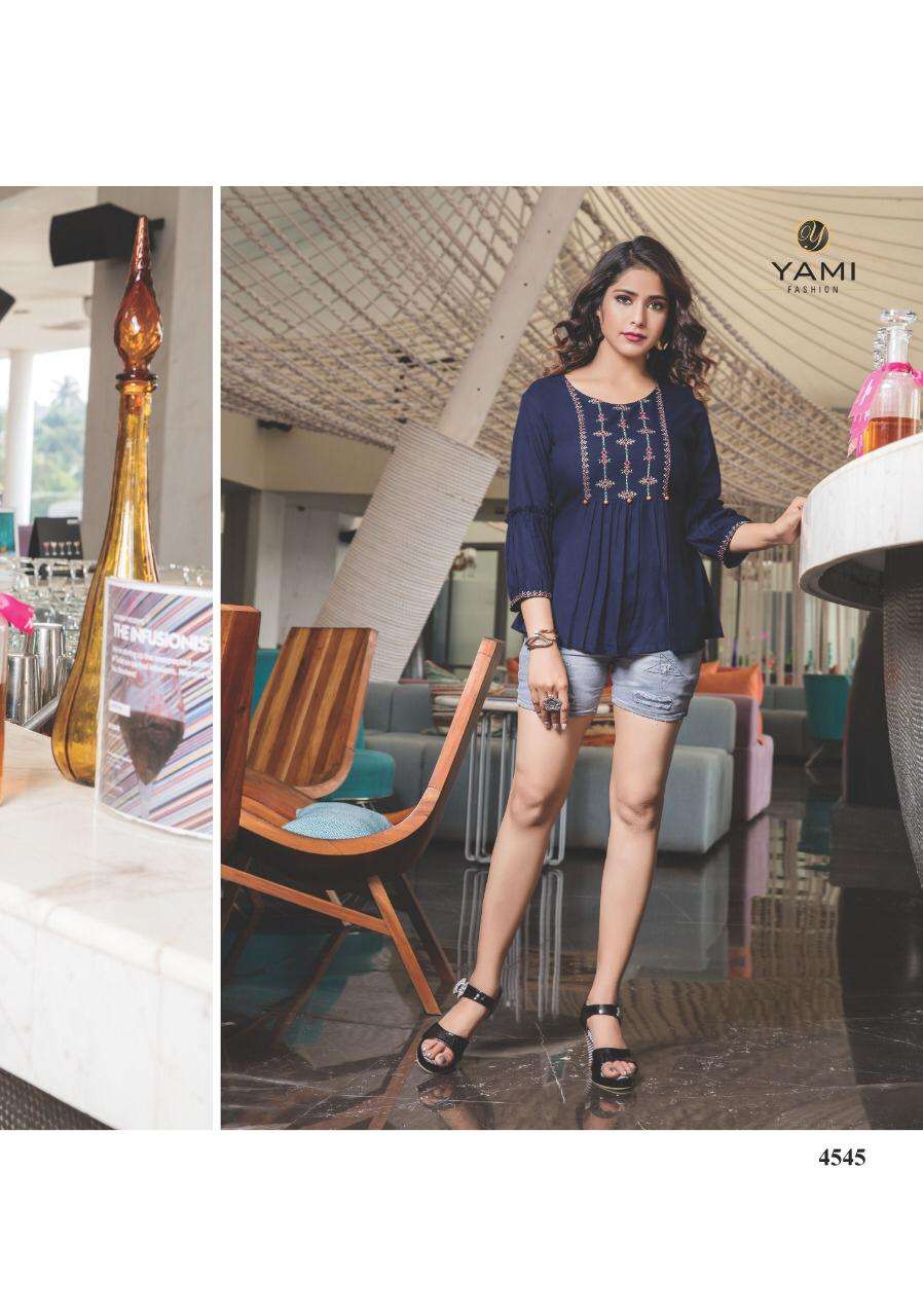 TOPSY VOL-12 BY YAMI FASHION 4541 TO 4549 SERIES BEAUTIFUL STYLISH FANCY COLORFUL CASUAL WEAR & ETHNIC WEAR HEAVY RAYON EMBROIDERED TOPS AT WHOLESALE PRICE