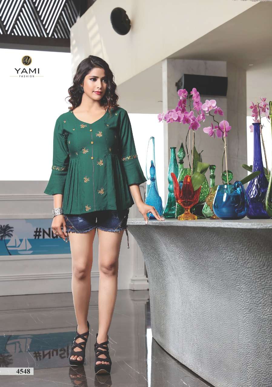 TOPSY VOL-12 BY YAMI FASHION 4541 TO 4549 SERIES BEAUTIFUL STYLISH FANCY COLORFUL CASUAL WEAR & ETHNIC WEAR HEAVY RAYON EMBROIDERED TOPS AT WHOLESALE PRICE