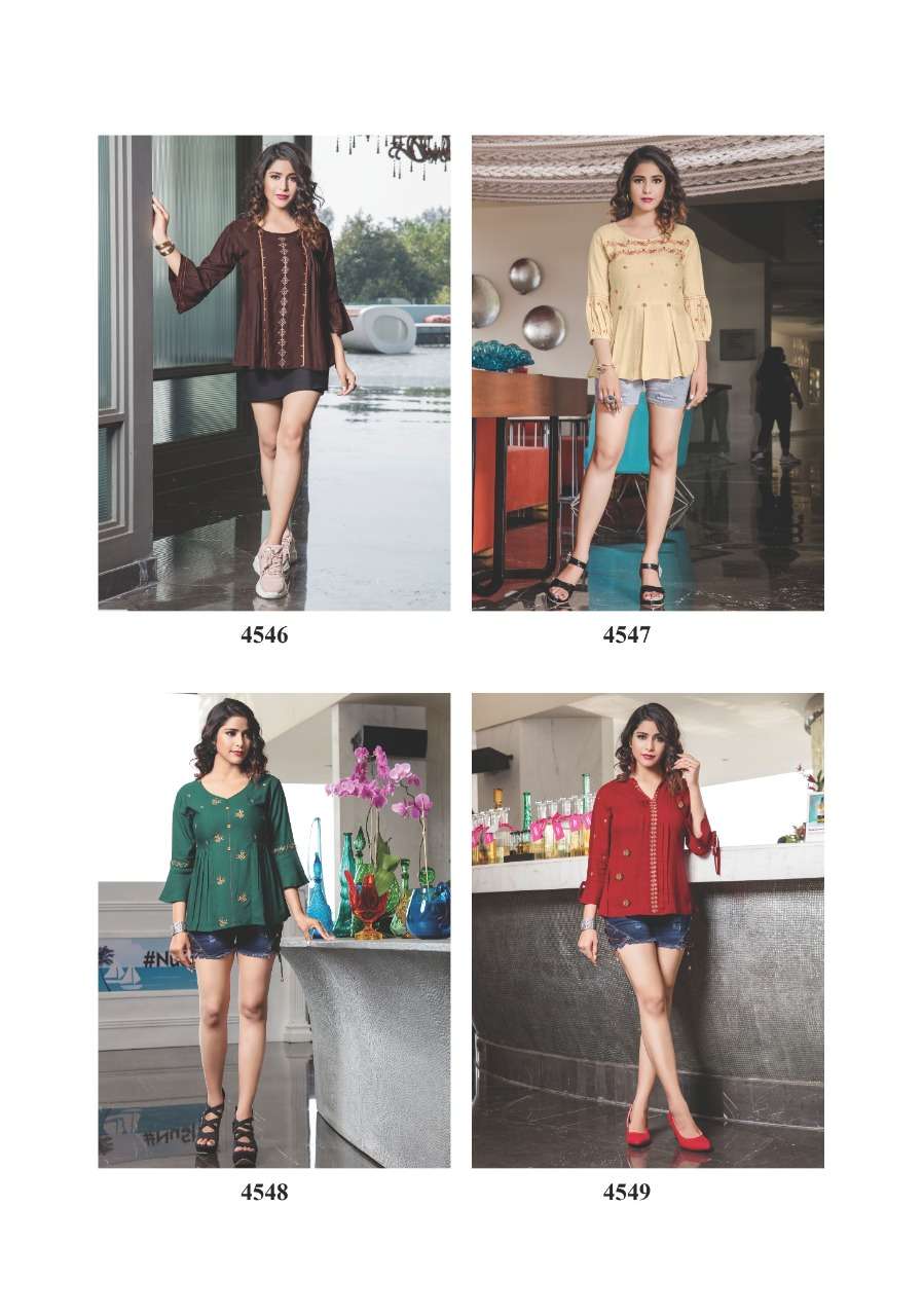 TOPSY VOL-12 BY YAMI FASHION 4541 TO 4549 SERIES BEAUTIFUL STYLISH FANCY COLORFUL CASUAL WEAR & ETHNIC WEAR HEAVY RAYON EMBROIDERED TOPS AT WHOLESALE PRICE