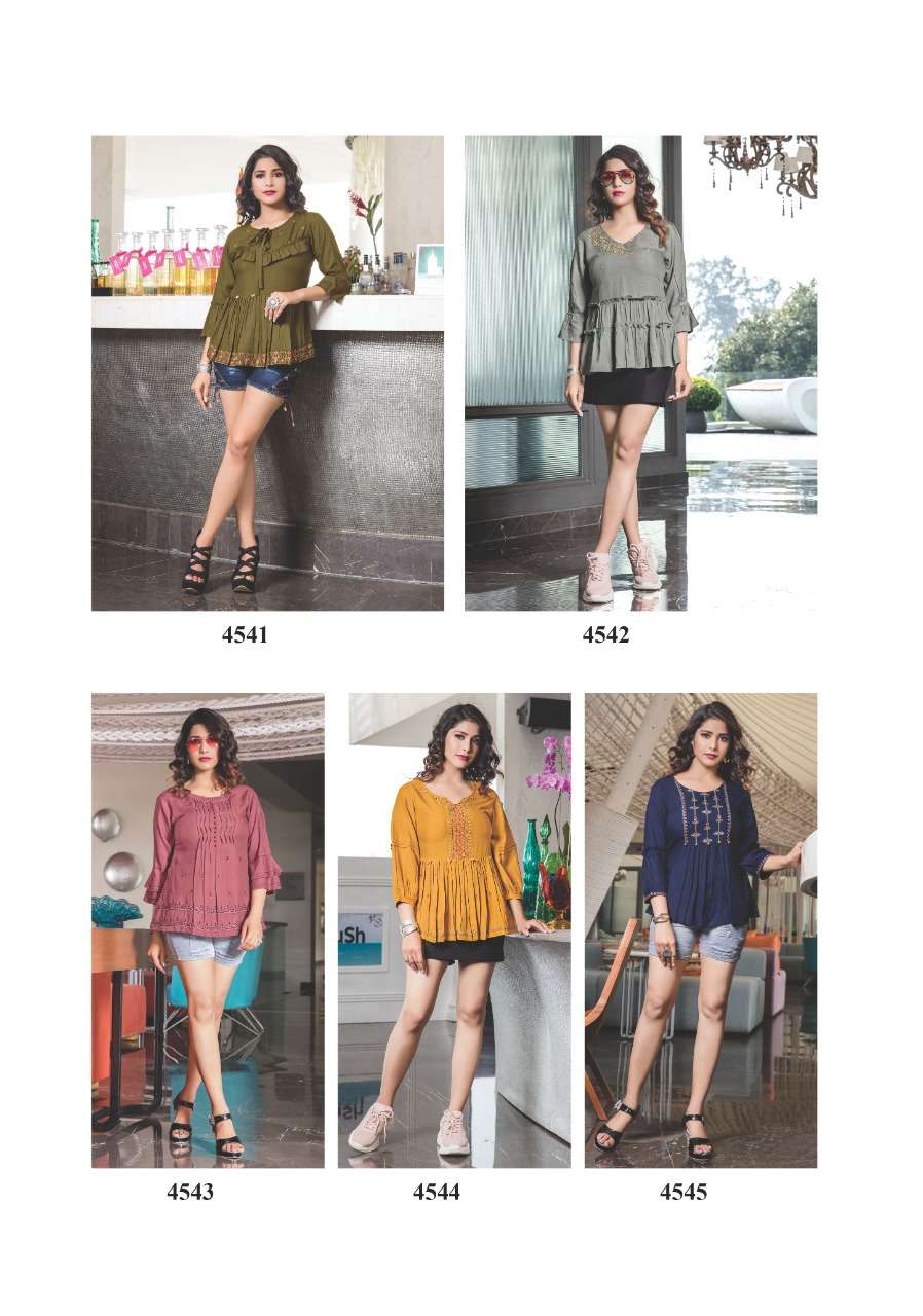 TOPSY VOL-12 BY YAMI FASHION 4541 TO 4549 SERIES BEAUTIFUL STYLISH FANCY COLORFUL CASUAL WEAR & ETHNIC WEAR HEAVY RAYON EMBROIDERED TOPS AT WHOLESALE PRICE