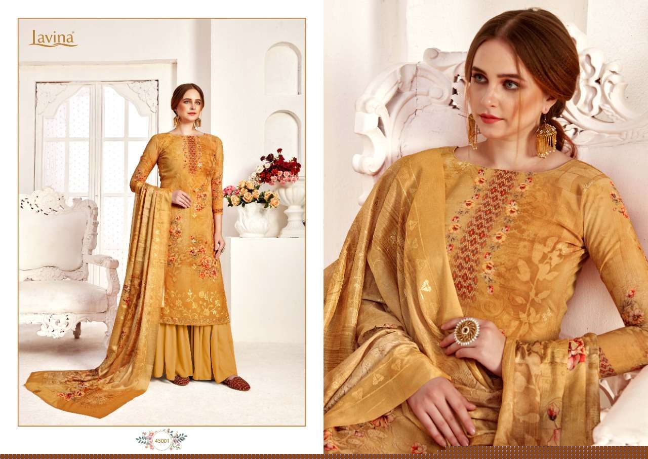 LAVINA VOL-45 BY LAVINA 45001 TO 45006 SERIES DESIGNER SUITS COLLECTION BEAUTIFUL STYLISH FANCY COLORFUL PARTY WEAR & ETHNIC WEAR GEORGETTE DIGITAL PRINT EMBROIDERED DRESSES AT WHOLESALE PRICE