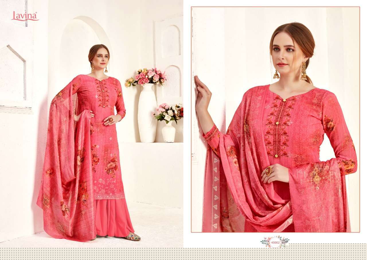 LAVINA VOL-45 BY LAVINA 45001 TO 45006 SERIES DESIGNER SUITS COLLECTION BEAUTIFUL STYLISH FANCY COLORFUL PARTY WEAR & ETHNIC WEAR GEORGETTE DIGITAL PRINT EMBROIDERED DRESSES AT WHOLESALE PRICE