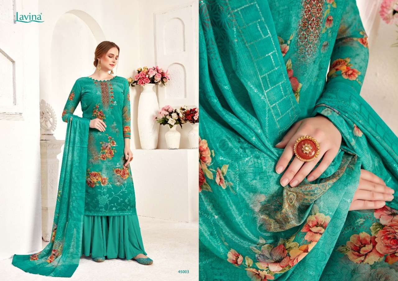 LAVINA VOL-45 BY LAVINA 45001 TO 45006 SERIES DESIGNER SUITS COLLECTION BEAUTIFUL STYLISH FANCY COLORFUL PARTY WEAR & ETHNIC WEAR GEORGETTE DIGITAL PRINT EMBROIDERED DRESSES AT WHOLESALE PRICE