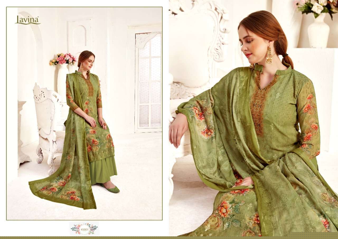 LAVINA VOL-45 BY LAVINA 45001 TO 45006 SERIES DESIGNER SUITS COLLECTION BEAUTIFUL STYLISH FANCY COLORFUL PARTY WEAR & ETHNIC WEAR GEORGETTE DIGITAL PRINT EMBROIDERED DRESSES AT WHOLESALE PRICE