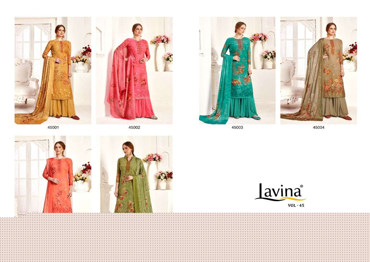 LAVINA VOL-45 BY LAVINA 45001 TO 45006 SERIES DESIGNER SUITS COLLECTION BEAUTIFUL STYLISH FANCY COLORFUL PARTY WEAR & ETHNIC WEAR GEORGETTE DIGITAL PRINT EMBROIDERED DRESSES AT WHOLESALE PRICE