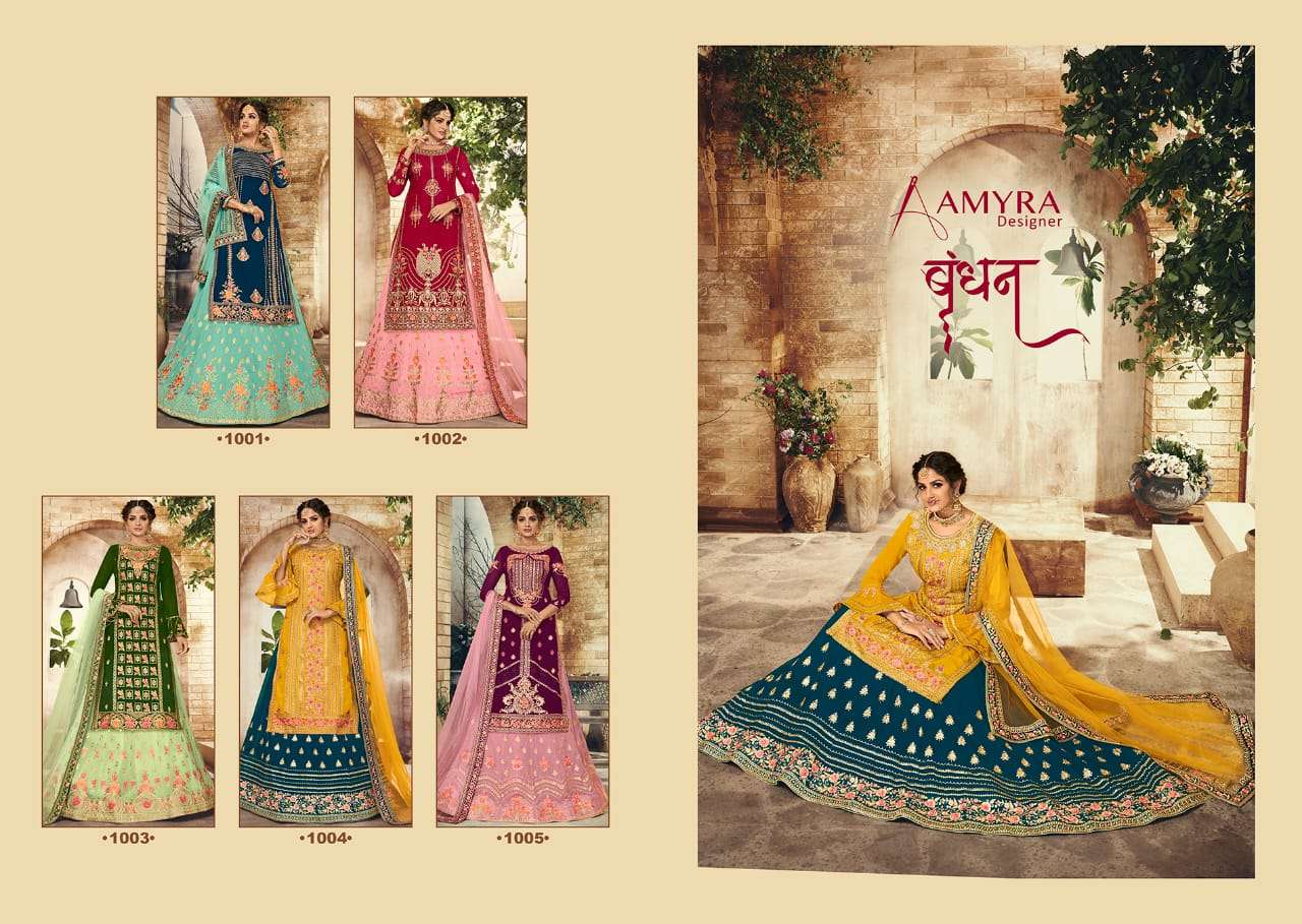 BANDHAN BY AMYRA DESIGNER 1001 TO 1005 SERIES DESIGNER SUITS COLLECTION BEAUTIFUL STYLISH COLORFUL FANCY PARTY WEAR & OCCASIONAL WEAR REAL GEORGETTE EMBROIDERY DRESSES AT WHOLESALE PRICE