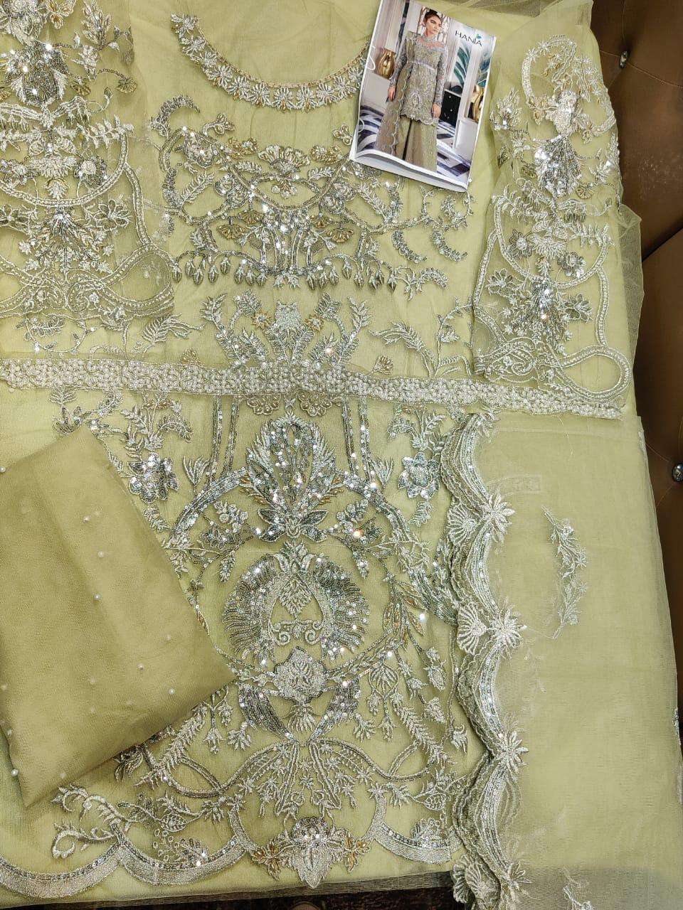 HANIA 5032 COLOURS BY HANIA 5032 TO 5032-A SERIES BEAUTIFUL SUITS STYLISH FANCY COLORFUL PARTY WEAR & OCCASIONAL WEAR HEAVY BUTTERFLY NET WITH HEAVY WORK DRESSES AT WHOLESALE PRICE
