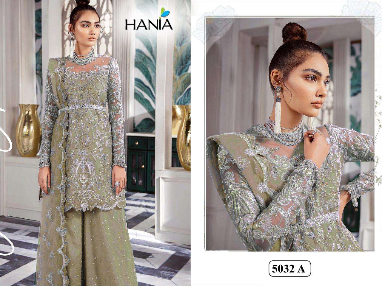 HANIA 5032 COLOURS BY HANIA 5032 TO 5032-A SERIES BEAUTIFUL SUITS STYLISH FANCY COLORFUL PARTY WEAR & OCCASIONAL WEAR HEAVY BUTTERFLY NET WITH HEAVY WORK DRESSES AT WHOLESALE PRICE