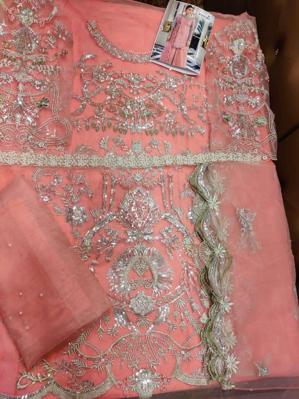 HANIA 5032 COLOURS BY HANIA 5032 TO 5032-A SERIES BEAUTIFUL SUITS STYLISH FANCY COLORFUL PARTY WEAR & OCCASIONAL WEAR HEAVY BUTTERFLY NET WITH HEAVY WORK DRESSES AT WHOLESALE PRICE