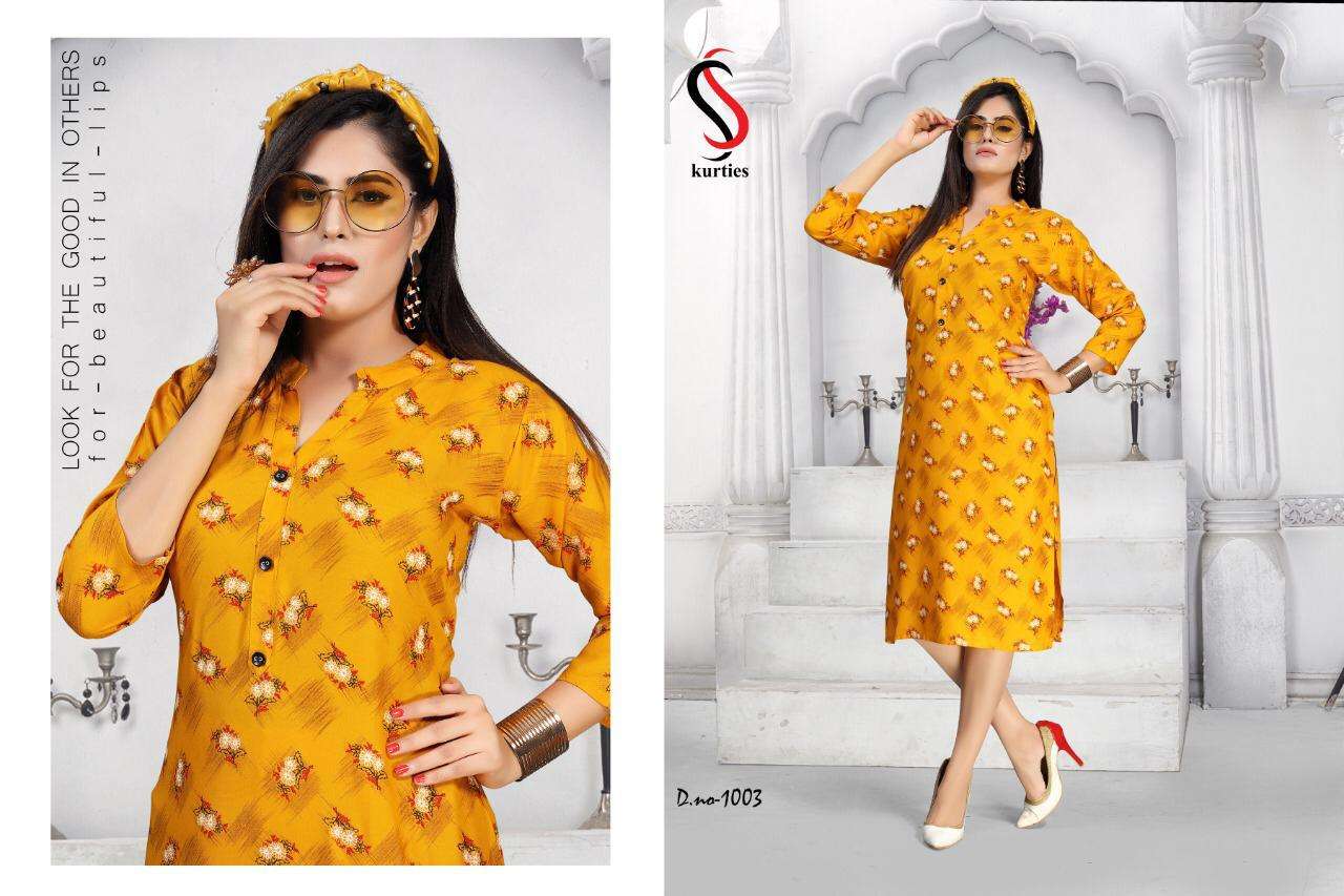 KAREENA VOL-5 BY S S KURTIS 1001 TO 1008 SERIES BEAUTIFUL STYLISH FANCY COLORFUL CASUAL WEAR & ETHNIC WEAR RAYON PRINT KURTIS AT WHOLESALE PRICE