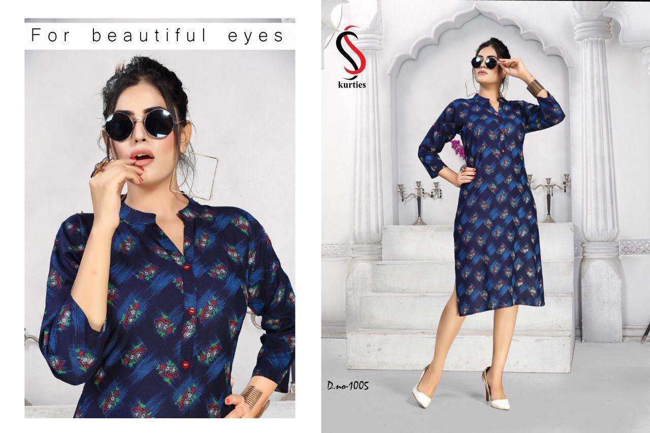 KAREENA VOL-5 BY S S KURTIS 1001 TO 1008 SERIES BEAUTIFUL STYLISH FANCY COLORFUL CASUAL WEAR & ETHNIC WEAR RAYON PRINT KURTIS AT WHOLESALE PRICE