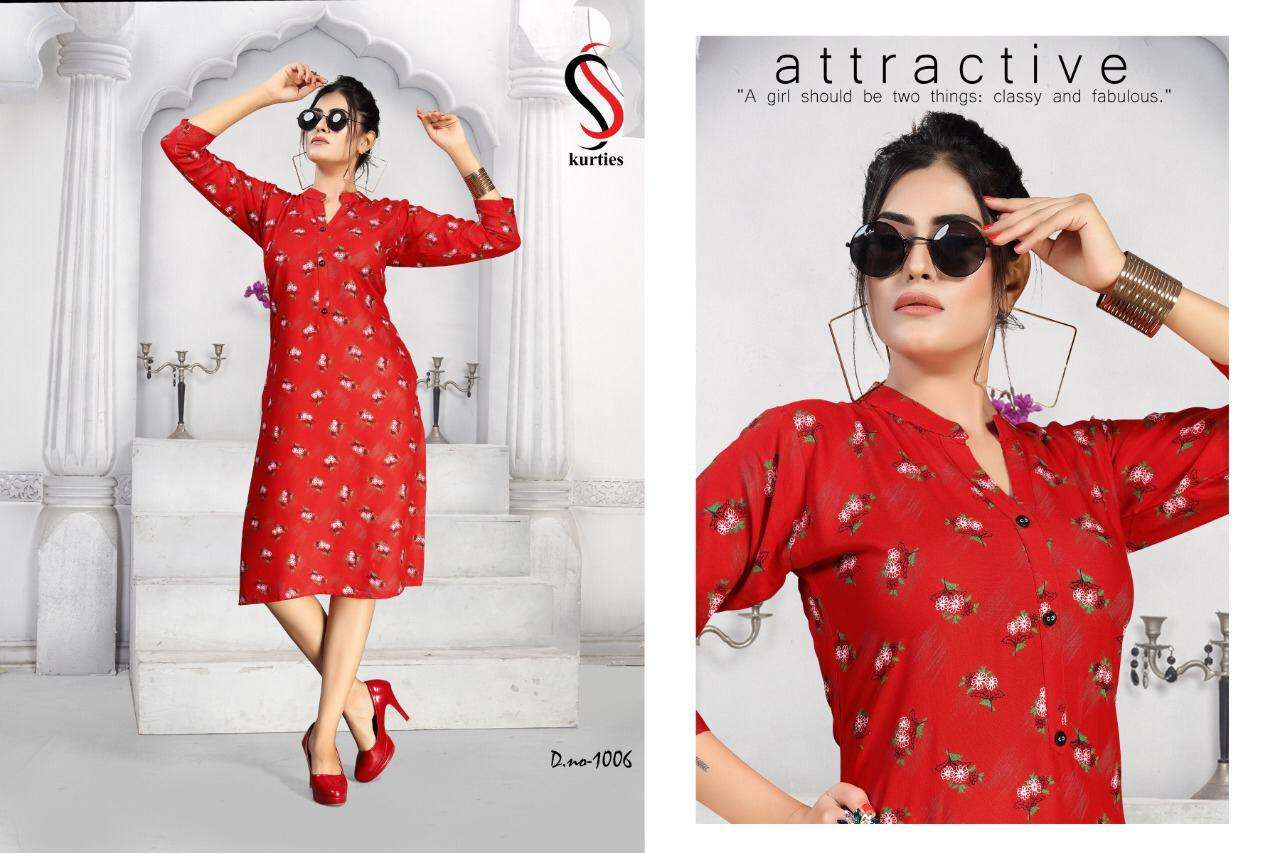 KAREENA VOL-5 BY S S KURTIS 1001 TO 1008 SERIES BEAUTIFUL STYLISH FANCY COLORFUL CASUAL WEAR & ETHNIC WEAR RAYON PRINT KURTIS AT WHOLESALE PRICE