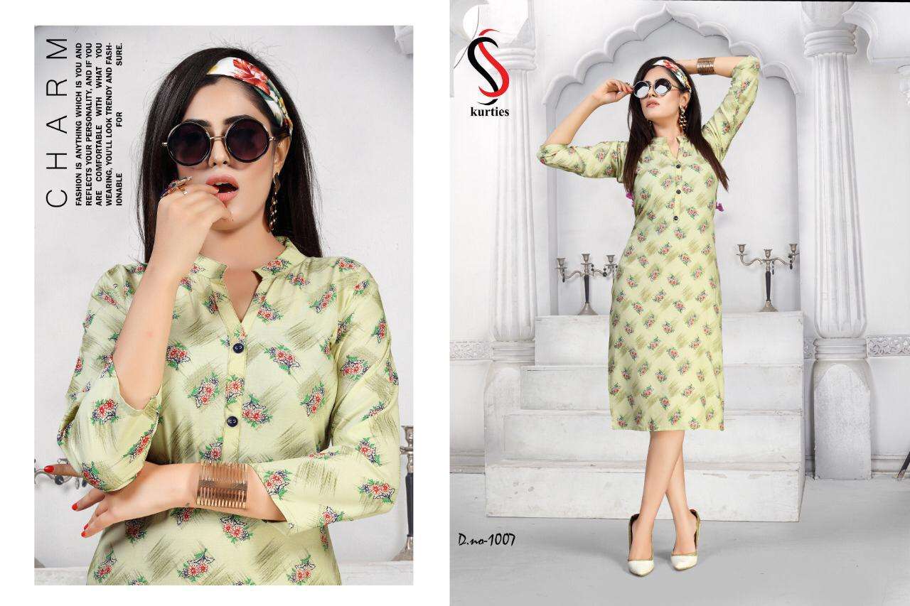 KAREENA VOL-5 BY S S KURTIS 1001 TO 1008 SERIES BEAUTIFUL STYLISH FANCY COLORFUL CASUAL WEAR & ETHNIC WEAR RAYON PRINT KURTIS AT WHOLESALE PRICE