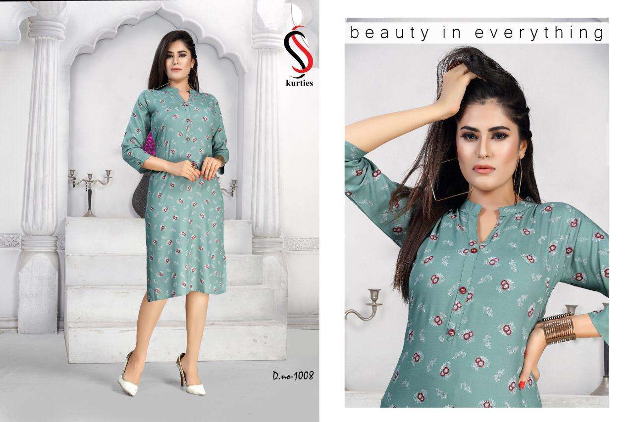 KAREENA VOL-5 BY S S KURTIS 1001 TO 1008 SERIES BEAUTIFUL STYLISH FANCY COLORFUL CASUAL WEAR & ETHNIC WEAR RAYON PRINT KURTIS AT WHOLESALE PRICE