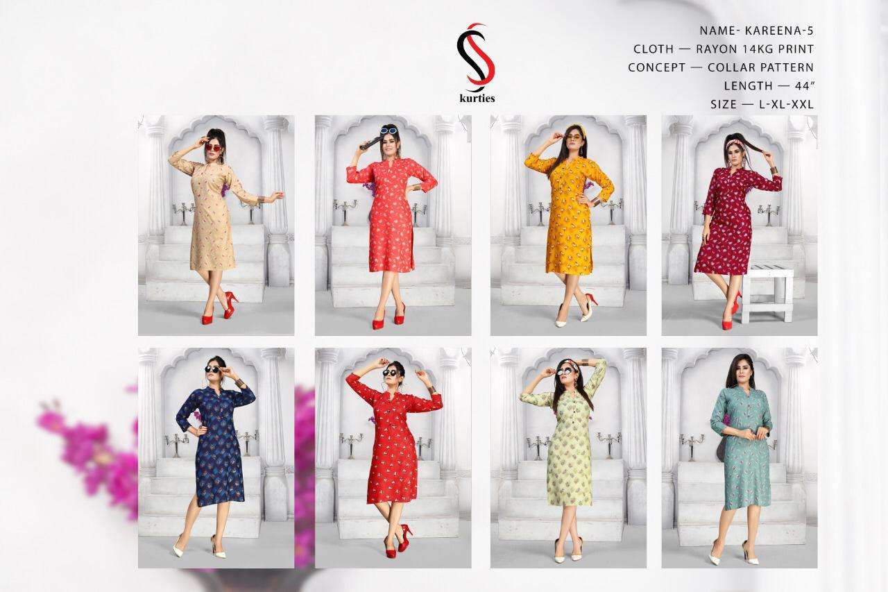 KAREENA VOL-5 BY S S KURTIS 1001 TO 1008 SERIES BEAUTIFUL STYLISH FANCY COLORFUL CASUAL WEAR & ETHNIC WEAR RAYON PRINT KURTIS AT WHOLESALE PRICE