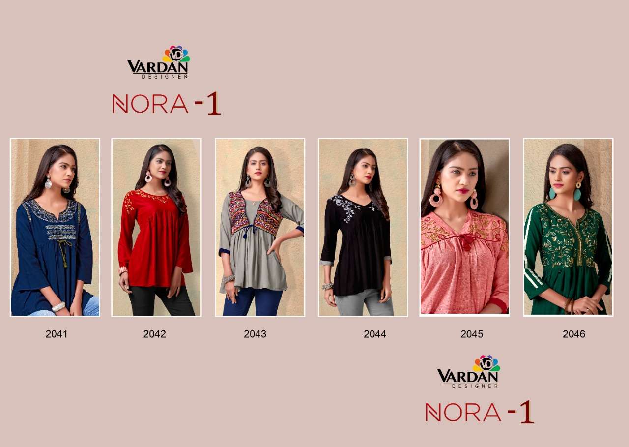 Nora Vol-1 By Vardan Designer 2041 To 2046 Series Beautiful Stylish Fancy Colorful Casual Wear & Ethnic Wear Heavy Rayon Tops At Wholesale Price