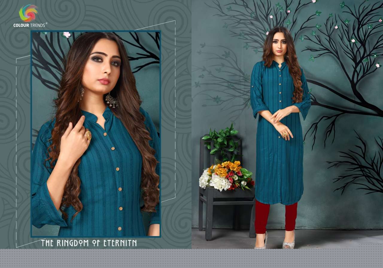 HASHTAG VOL-4 BY COLOUR TRENDS 4001 TO 4006 SERIES STYLISH FANCY BEAUTIFUL COLORFUL CASUAL WEAR & ETHNIC WEAR VELVET DOBBY LINING KURTIS AT WHOLESALE PRICE