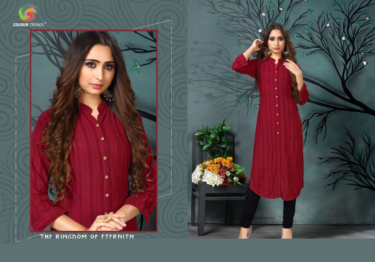 HASHTAG VOL-4 BY COLOUR TRENDS 4001 TO 4006 SERIES STYLISH FANCY BEAUTIFUL COLORFUL CASUAL WEAR & ETHNIC WEAR VELVET DOBBY LINING KURTIS AT WHOLESALE PRICE