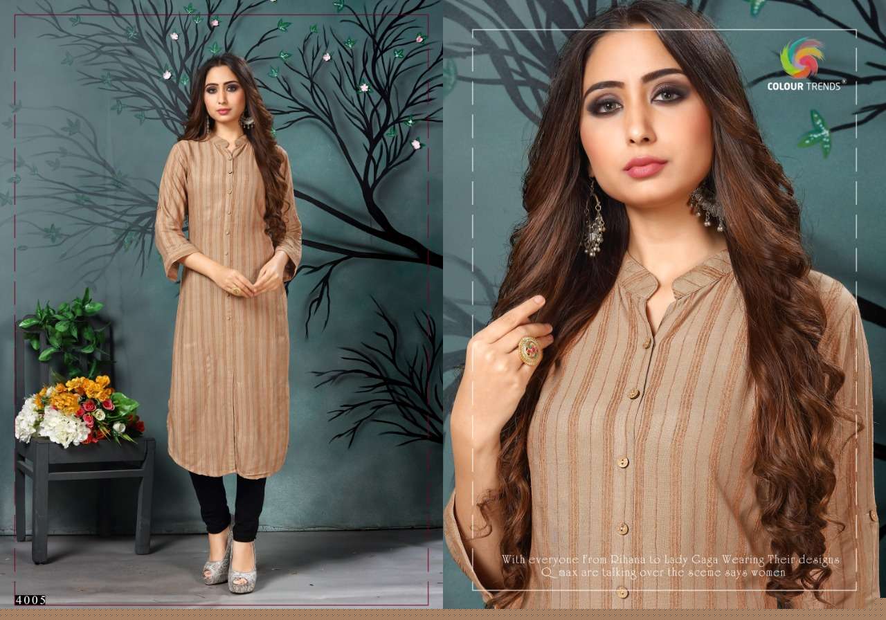 HASHTAG VOL-4 BY COLOUR TRENDS 4001 TO 4006 SERIES STYLISH FANCY BEAUTIFUL COLORFUL CASUAL WEAR & ETHNIC WEAR VELVET DOBBY LINING KURTIS AT WHOLESALE PRICE