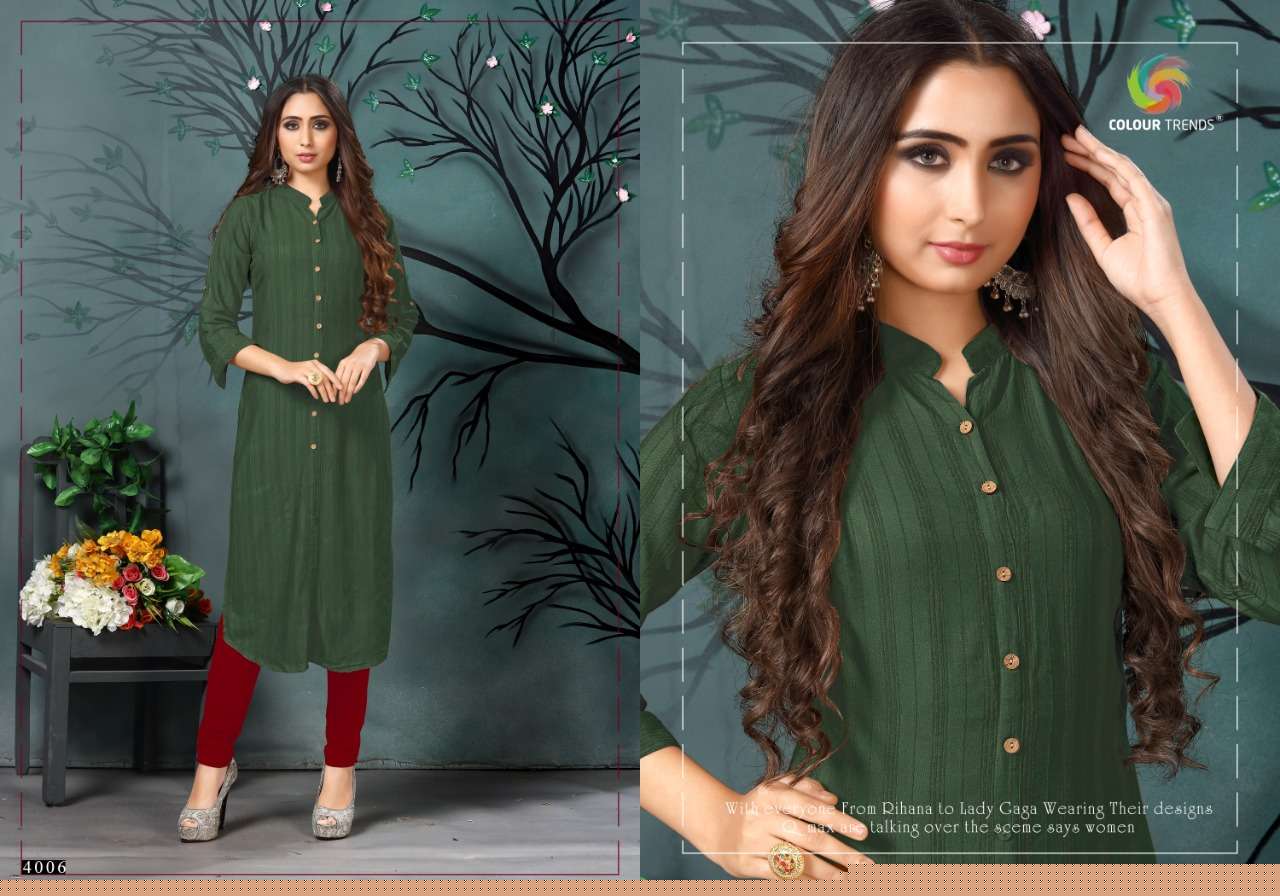 HASHTAG VOL-4 BY COLOUR TRENDS 4001 TO 4006 SERIES STYLISH FANCY BEAUTIFUL COLORFUL CASUAL WEAR & ETHNIC WEAR VELVET DOBBY LINING KURTIS AT WHOLESALE PRICE