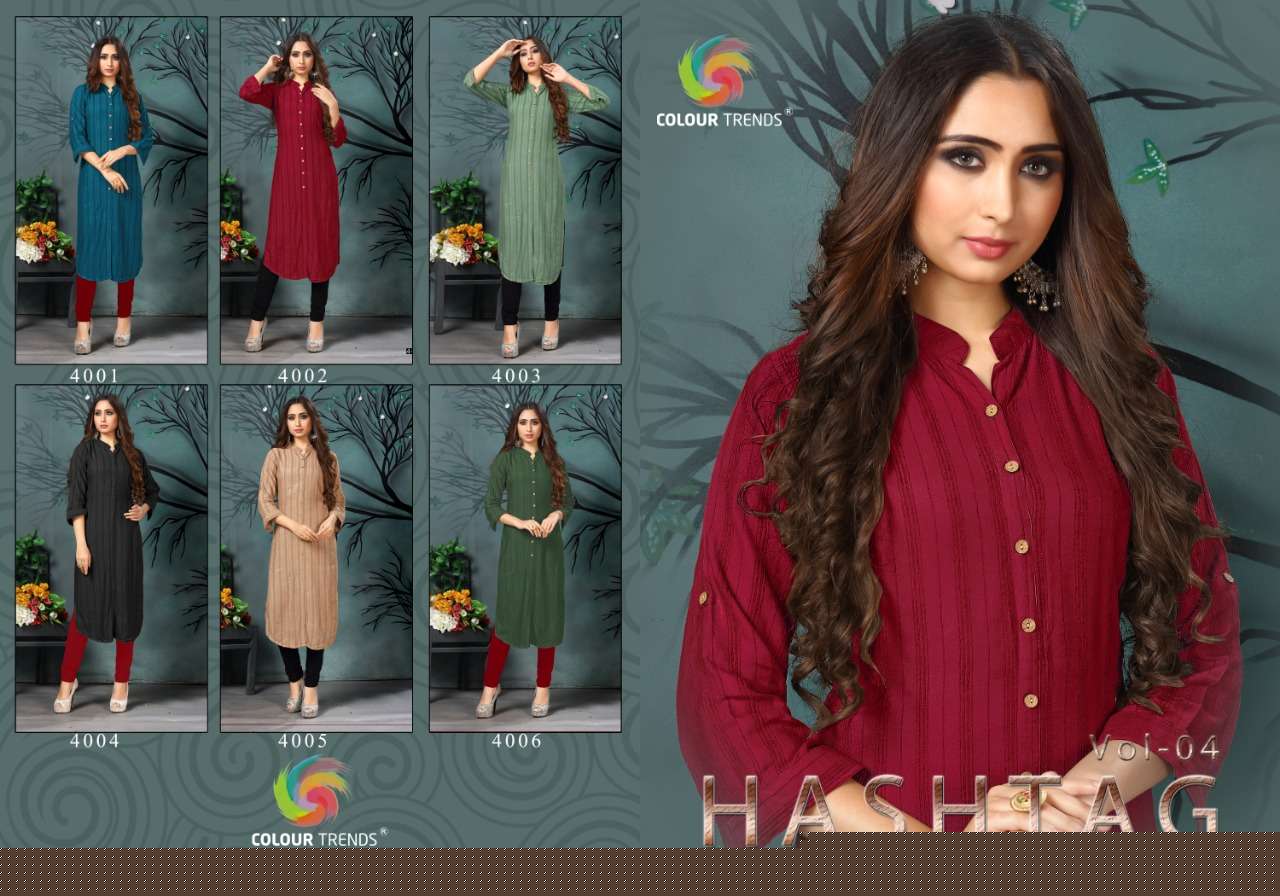 HASHTAG VOL-4 BY COLOUR TRENDS 4001 TO 4006 SERIES STYLISH FANCY BEAUTIFUL COLORFUL CASUAL WEAR & ETHNIC WEAR VELVET DOBBY LINING KURTIS AT WHOLESALE PRICE