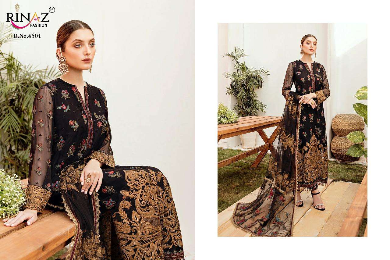 JAZMIN VOL-14 BY RINAZ FASHION 4501 TO 4504 SERIES DESIGNER PAKISTANI SUITS BEAUTIFUL STYLISH FANCY COLORFUL PARTY WEAR & OCCASIONAL WEAR FAUX GEORGETTE WITH HEAVY EMBROIDERY DRESSES AT WHOLESALE PRICE