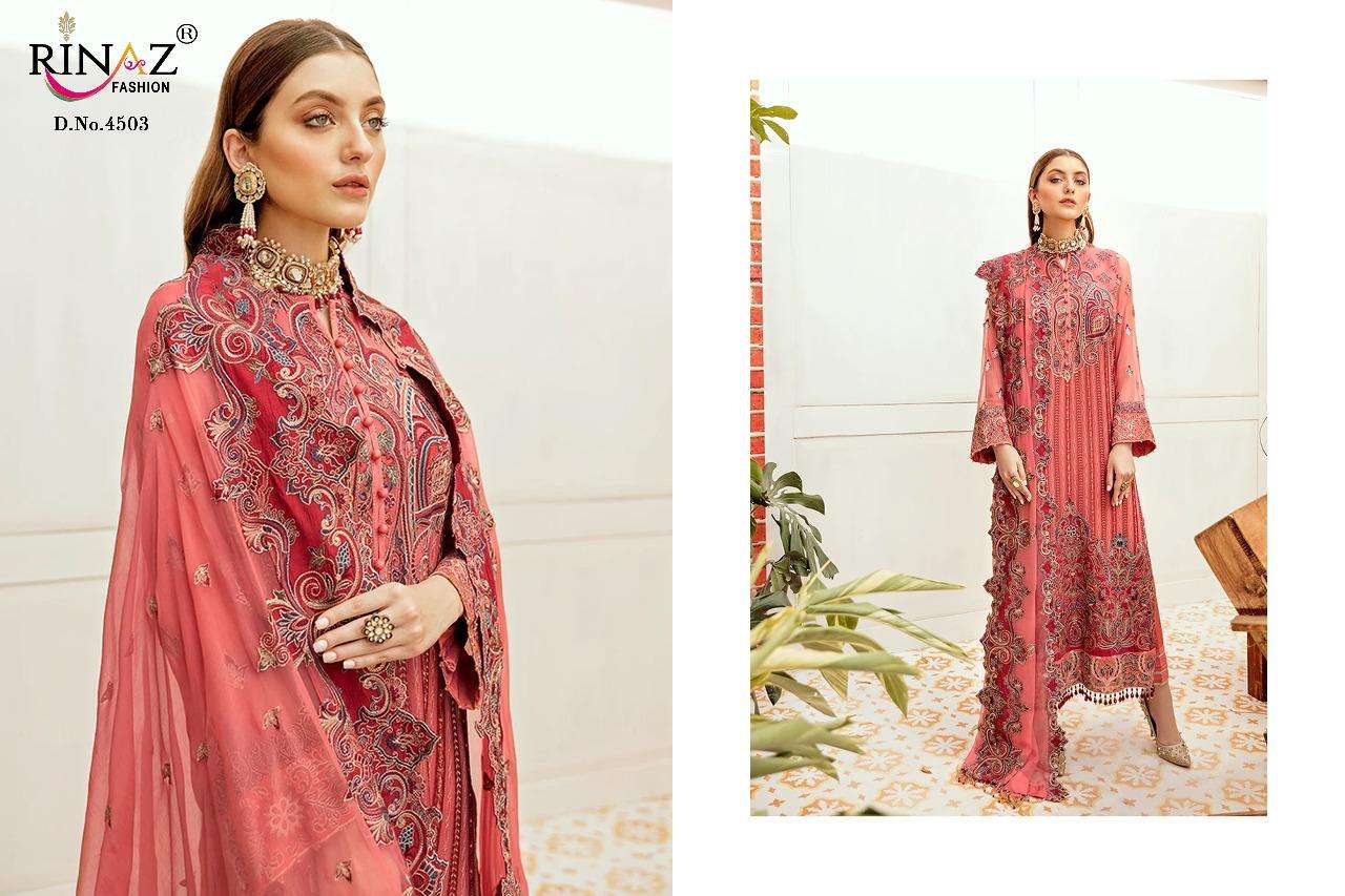JAZMIN VOL-14 BY RINAZ FASHION 4501 TO 4504 SERIES DESIGNER PAKISTANI SUITS BEAUTIFUL STYLISH FANCY COLORFUL PARTY WEAR & OCCASIONAL WEAR FAUX GEORGETTE WITH HEAVY EMBROIDERY DRESSES AT WHOLESALE PRICE