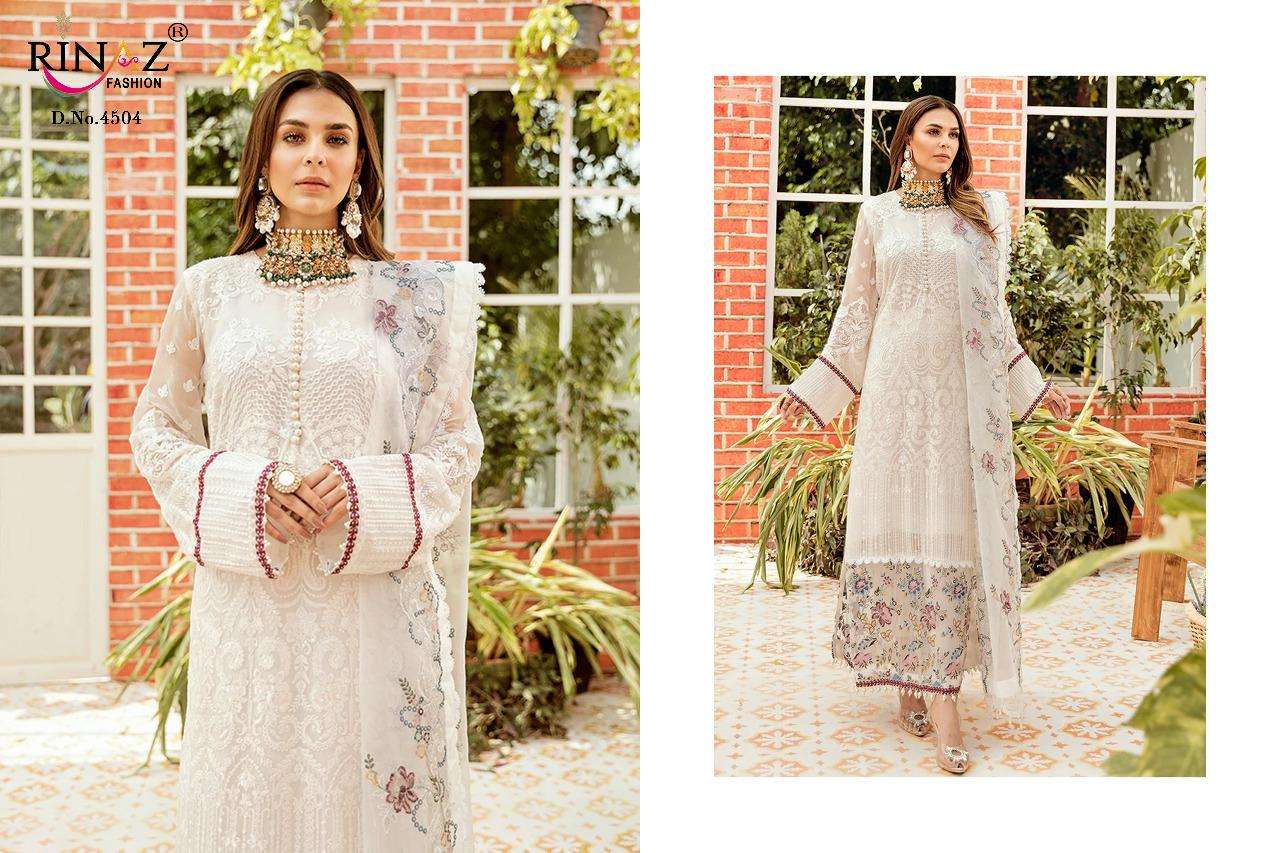 JAZMIN VOL-14 BY RINAZ FASHION 4501 TO 4504 SERIES DESIGNER PAKISTANI SUITS BEAUTIFUL STYLISH FANCY COLORFUL PARTY WEAR & OCCASIONAL WEAR FAUX GEORGETTE WITH HEAVY EMBROIDERY DRESSES AT WHOLESALE PRICE