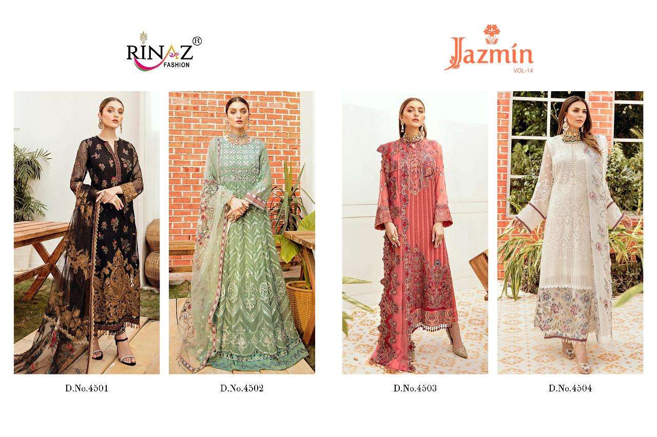 JAZMIN VOL-14 BY RINAZ FASHION 4501 TO 4504 SERIES DESIGNER PAKISTANI SUITS BEAUTIFUL STYLISH FANCY COLORFUL PARTY WEAR & OCCASIONAL WEAR FAUX GEORGETTE WITH HEAVY EMBROIDERY DRESSES AT WHOLESALE PRICE
