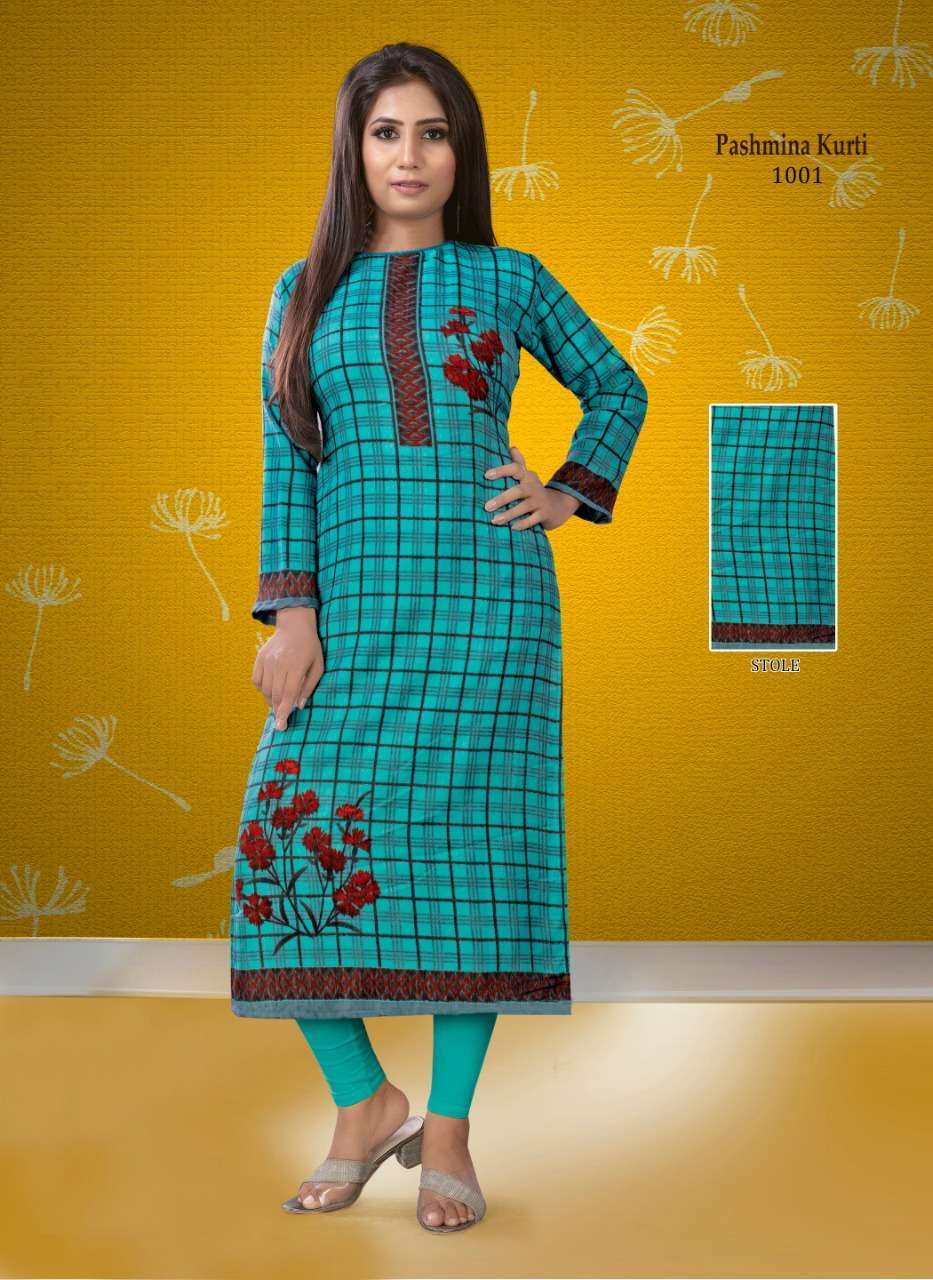 PASHMINA BY POORVI DESIGNER 1001 TO 1010 SERIES STYLISH FANCY BEAUTIFUL COLORFUL CASUAL WEAR & ETHNIC WEAR PASHMINA TWILL KURTIS AT WHOLESALE PRICE