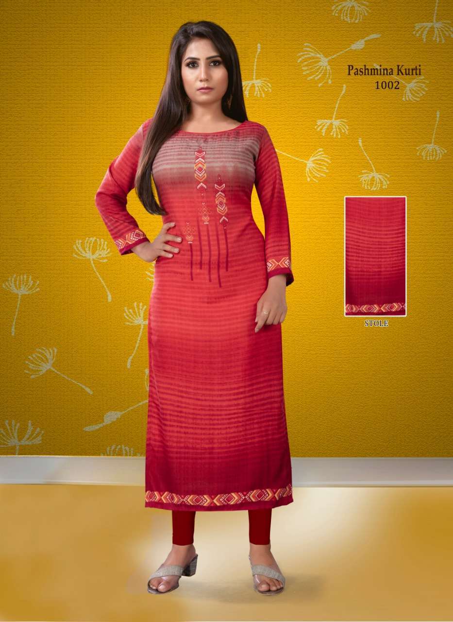 PASHMINA BY POORVI DESIGNER 1001 TO 1010 SERIES STYLISH FANCY BEAUTIFUL COLORFUL CASUAL WEAR & ETHNIC WEAR PASHMINA TWILL KURTIS AT WHOLESALE PRICE