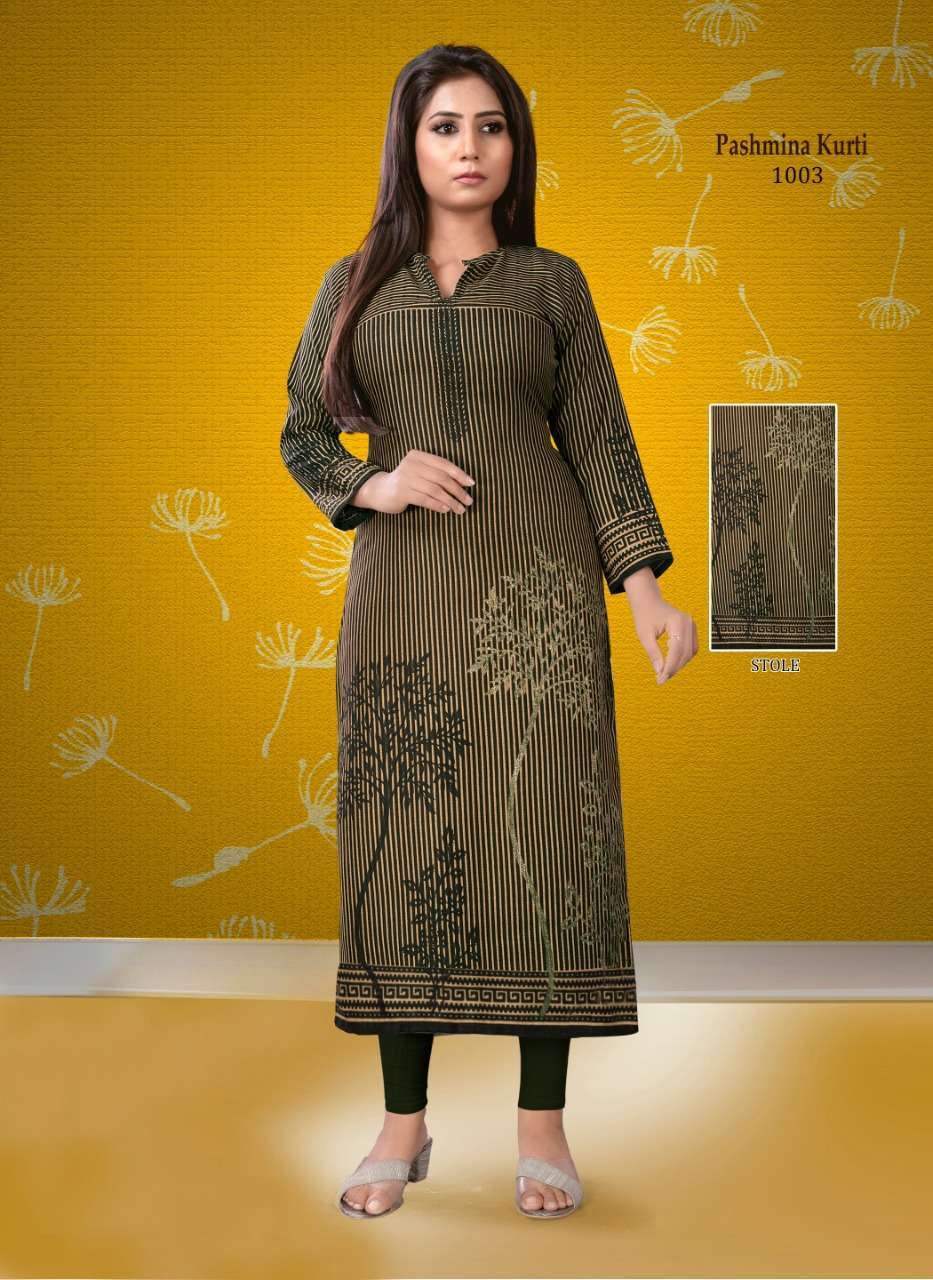 PASHMINA BY POORVI DESIGNER 1001 TO 1010 SERIES STYLISH FANCY BEAUTIFUL COLORFUL CASUAL WEAR & ETHNIC WEAR PASHMINA TWILL KURTIS AT WHOLESALE PRICE