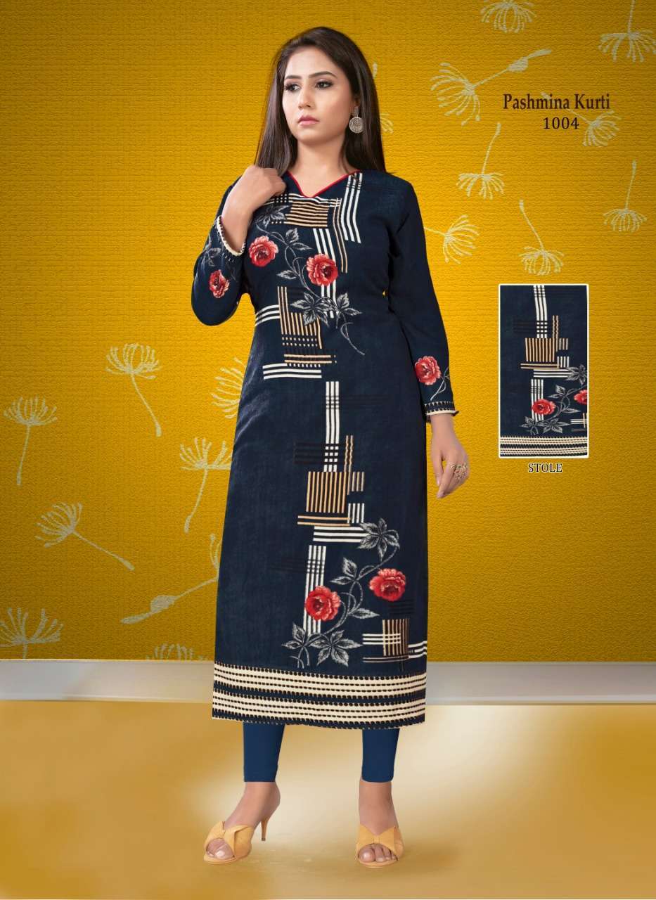 PASHMINA BY POORVI DESIGNER 1001 TO 1010 SERIES STYLISH FANCY BEAUTIFUL COLORFUL CASUAL WEAR & ETHNIC WEAR PASHMINA TWILL KURTIS AT WHOLESALE PRICE