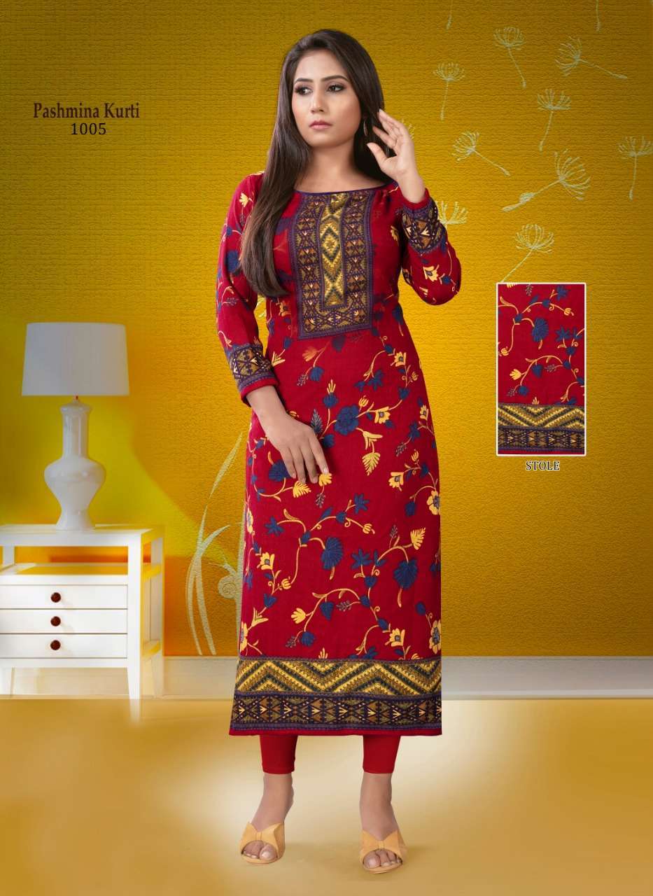PASHMINA BY POORVI DESIGNER 1001 TO 1010 SERIES STYLISH FANCY BEAUTIFUL COLORFUL CASUAL WEAR & ETHNIC WEAR PASHMINA TWILL KURTIS AT WHOLESALE PRICE