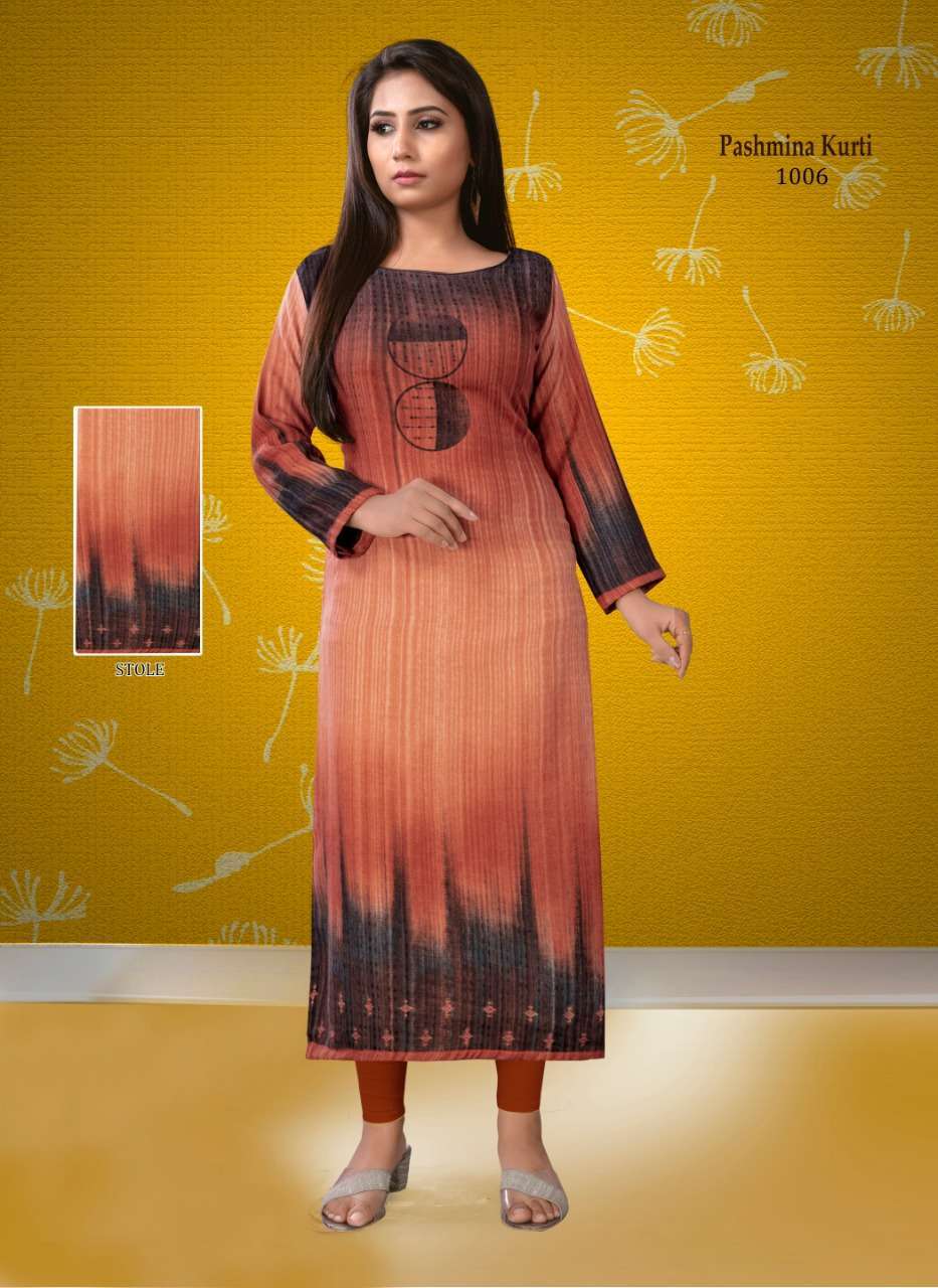 PASHMINA BY POORVI DESIGNER 1001 TO 1010 SERIES STYLISH FANCY BEAUTIFUL COLORFUL CASUAL WEAR & ETHNIC WEAR PASHMINA TWILL KURTIS AT WHOLESALE PRICE