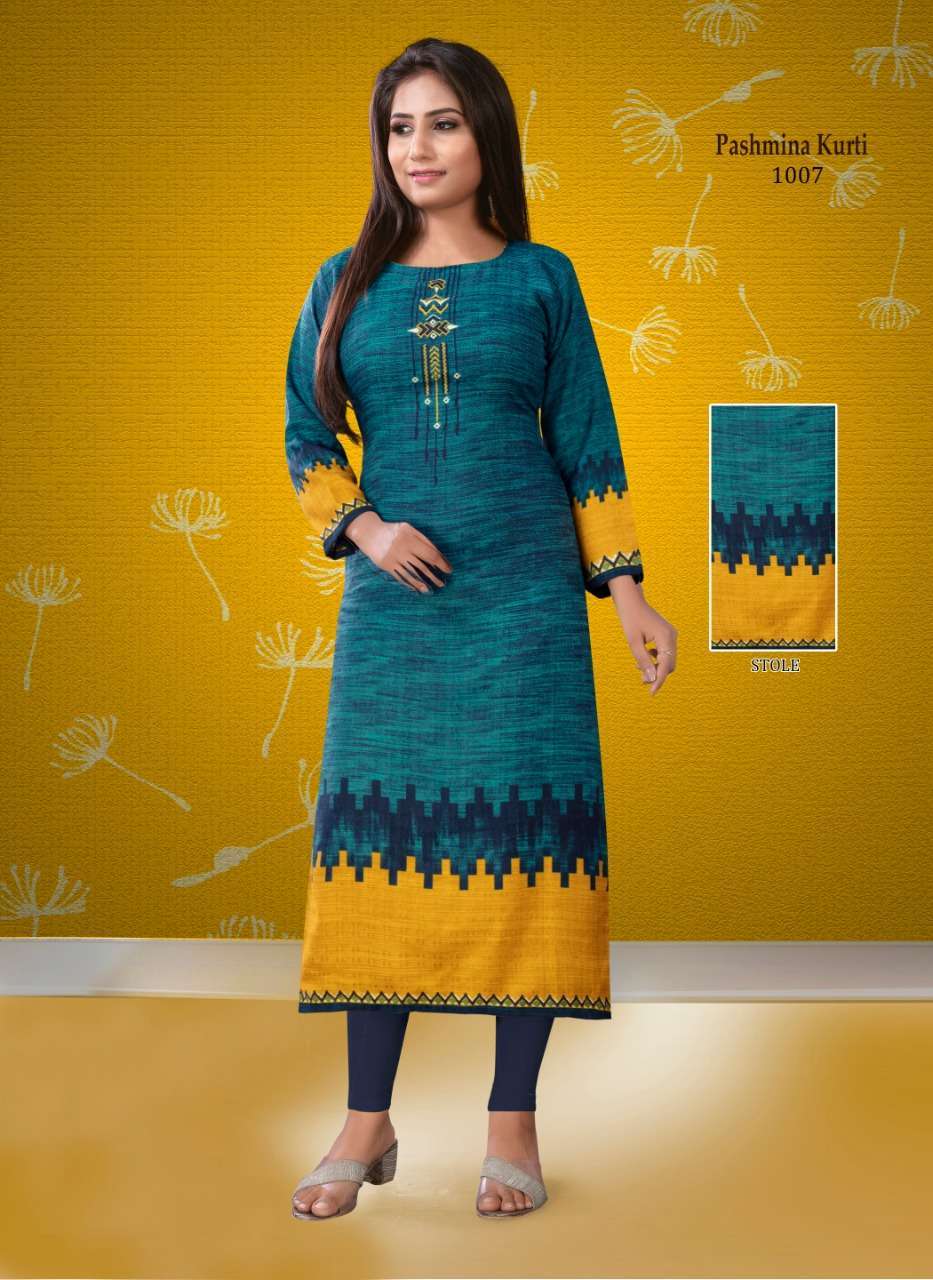 PASHMINA BY POORVI DESIGNER 1001 TO 1010 SERIES STYLISH FANCY BEAUTIFUL COLORFUL CASUAL WEAR & ETHNIC WEAR PASHMINA TWILL KURTIS AT WHOLESALE PRICE
