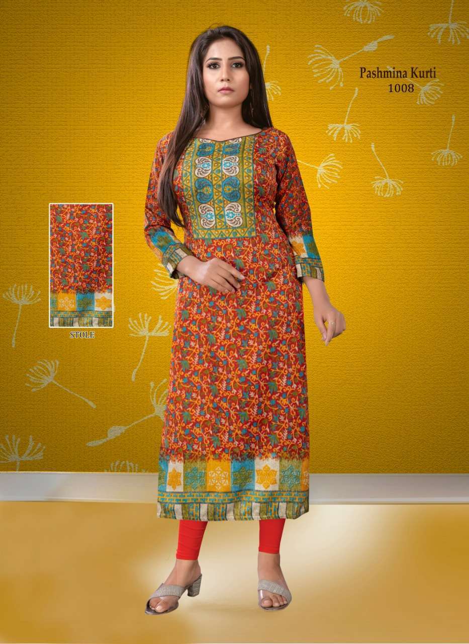 PASHMINA BY POORVI DESIGNER 1001 TO 1010 SERIES STYLISH FANCY BEAUTIFUL COLORFUL CASUAL WEAR & ETHNIC WEAR PASHMINA TWILL KURTIS AT WHOLESALE PRICE
