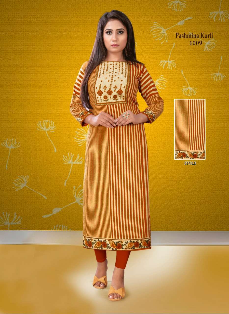 PASHMINA BY POORVI DESIGNER 1001 TO 1010 SERIES STYLISH FANCY BEAUTIFUL COLORFUL CASUAL WEAR & ETHNIC WEAR PASHMINA TWILL KURTIS AT WHOLESALE PRICE