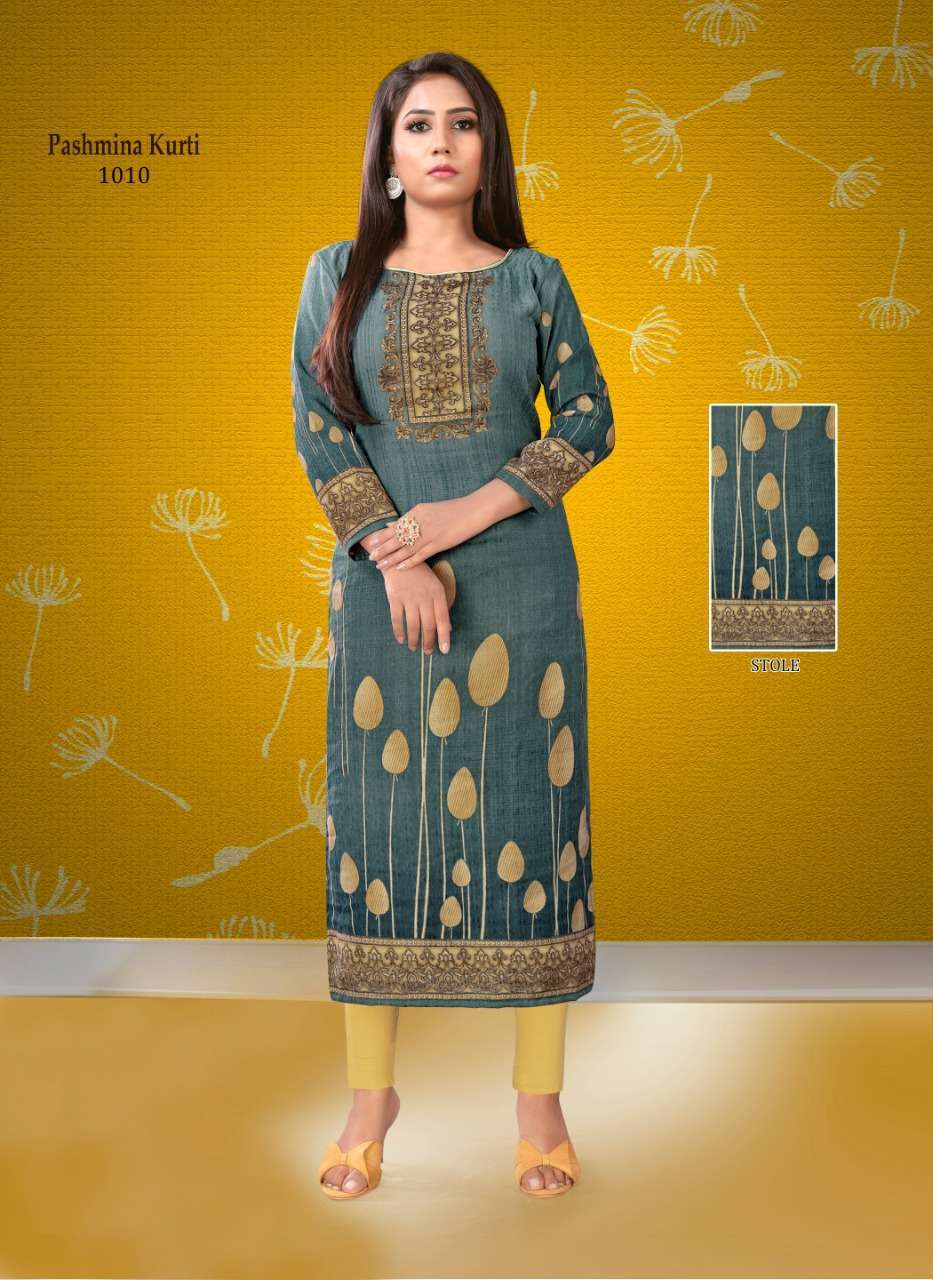 PASHMINA BY POORVI DESIGNER 1001 TO 1010 SERIES STYLISH FANCY BEAUTIFUL COLORFUL CASUAL WEAR & ETHNIC WEAR PASHMINA TWILL KURTIS AT WHOLESALE PRICE